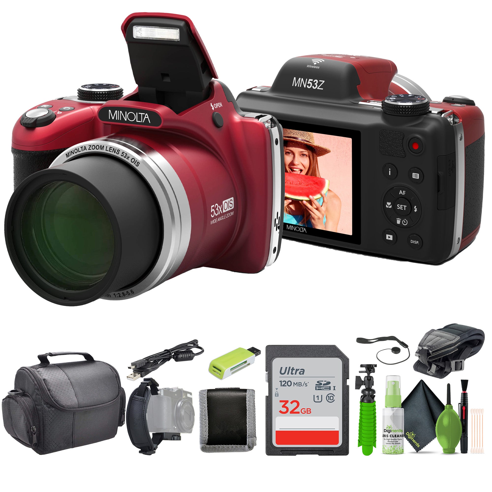 Minolta Pro Shot MN53Z 16 MP HD Digital Camera with 53x Zoom, 1080p HD Video Bundle Red