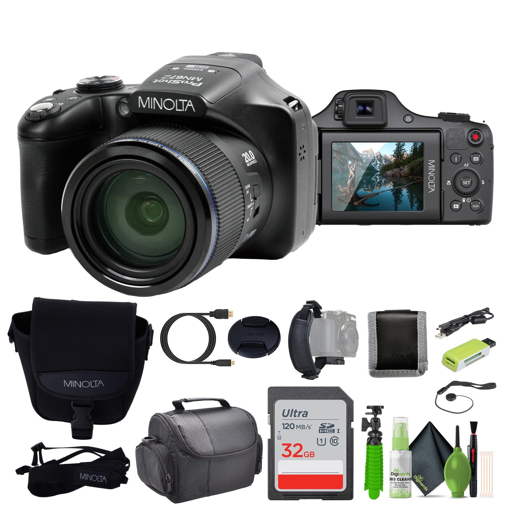 Minolta Pro Shot 20 MP HD Digital Camera with 67X Zoom, 1080P HD Video Bundle - Minolta