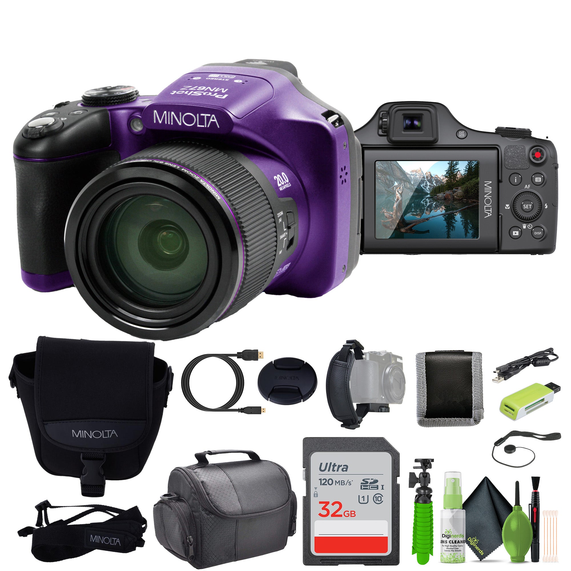 Minolta Pro Shot 20 MP HD Digital Camera with 67X Zoom, 1080P HD Video Bundle -