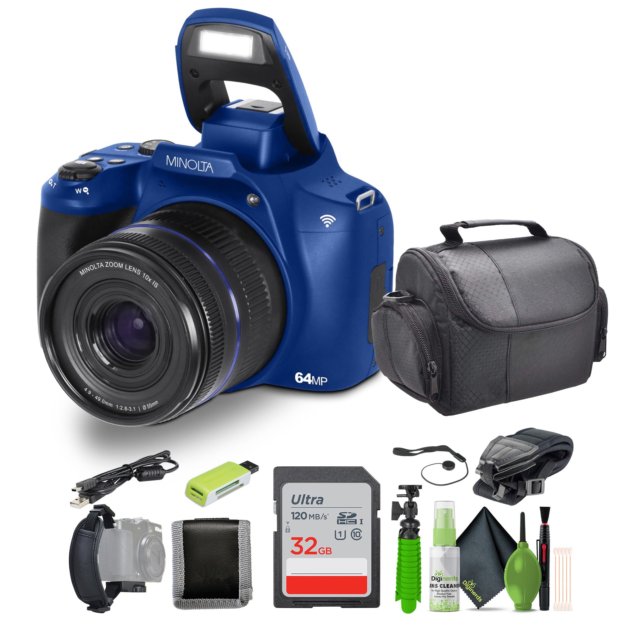 Minolta 64 Mega Pixels Auto Focus Digital Camera 4K Ultra HD Video Blue - Bundle