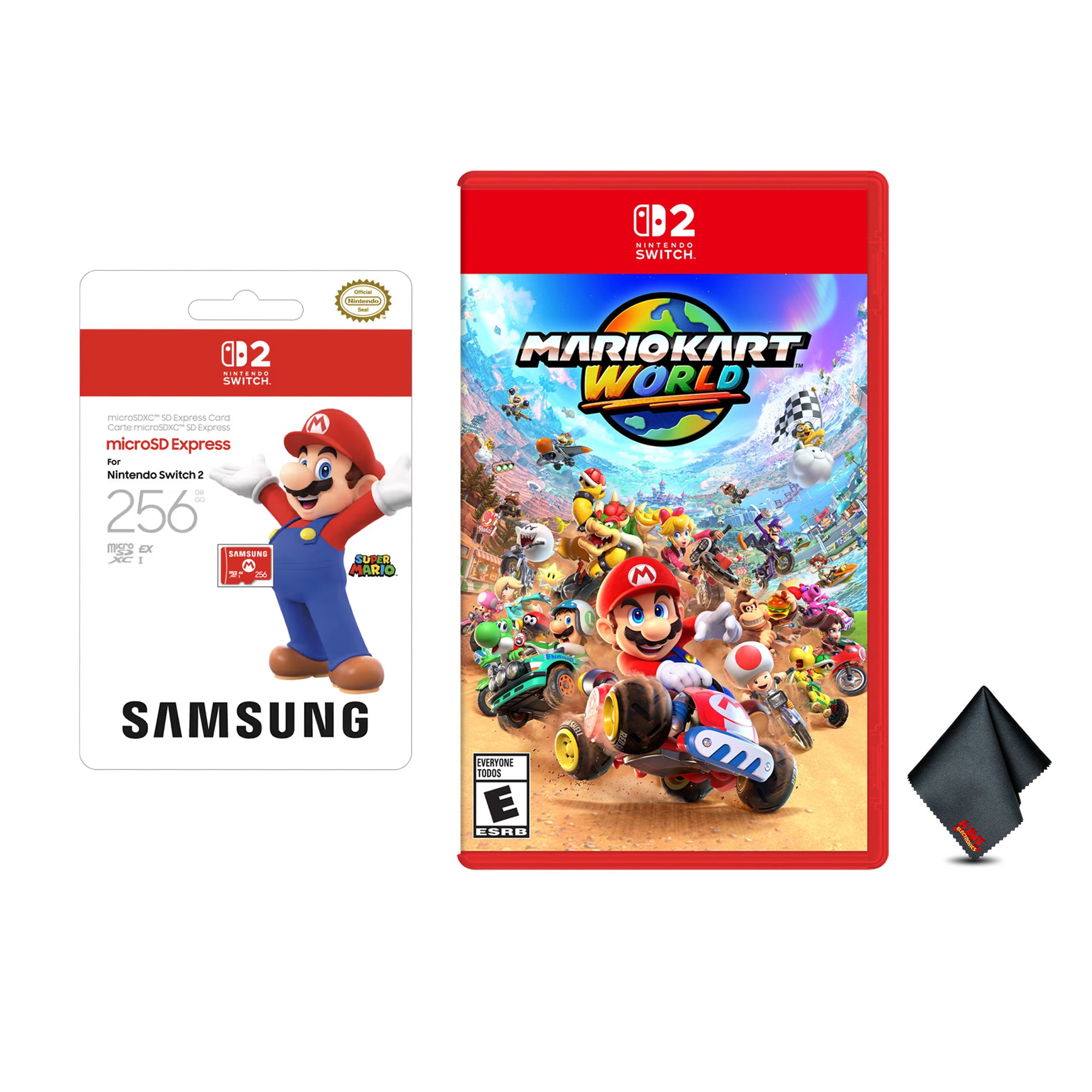 Nintendo Mario Kart World for Switch 2 Bundle With Samsung microSD Express Card 256GB + Microfiber Cleaning Cloth