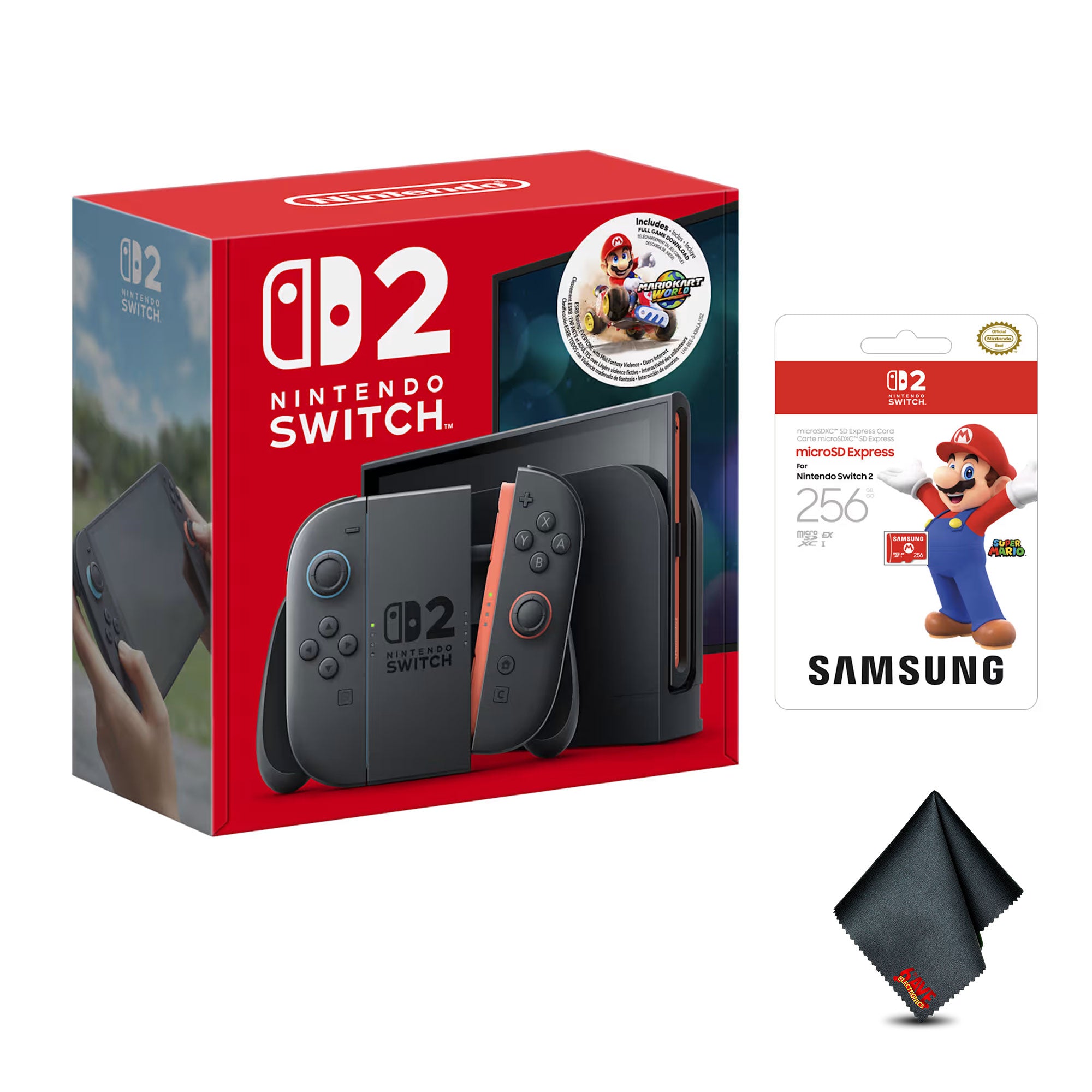 Nintendo Switch 2 Console Bundle with Mario Kart World Game – 7.9” HDR Touchscreen, Joy-Con 2, 4K Dock, Game Chat, TV & Handheld Play Modes With microSD Express Memory Card 256GB + Cleaning Cloth