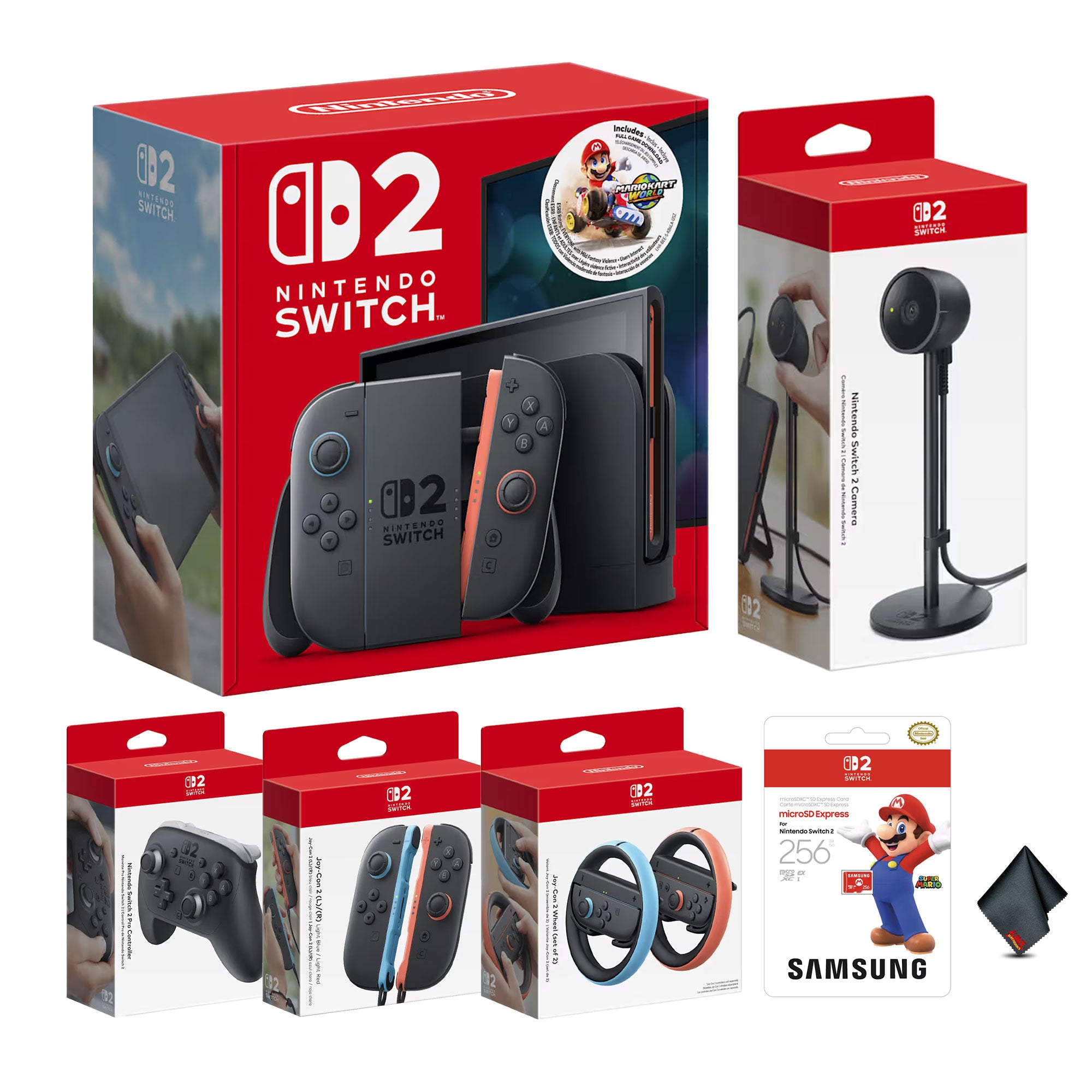 Nintendo Switch 2 Console Bundle with Mario Kart World Game + Joy-Con 2 L / R Light Blue/Light Red + Pro Controller + Joy-Con 2 Wheel set of 2 + Switch 2 Camera + More