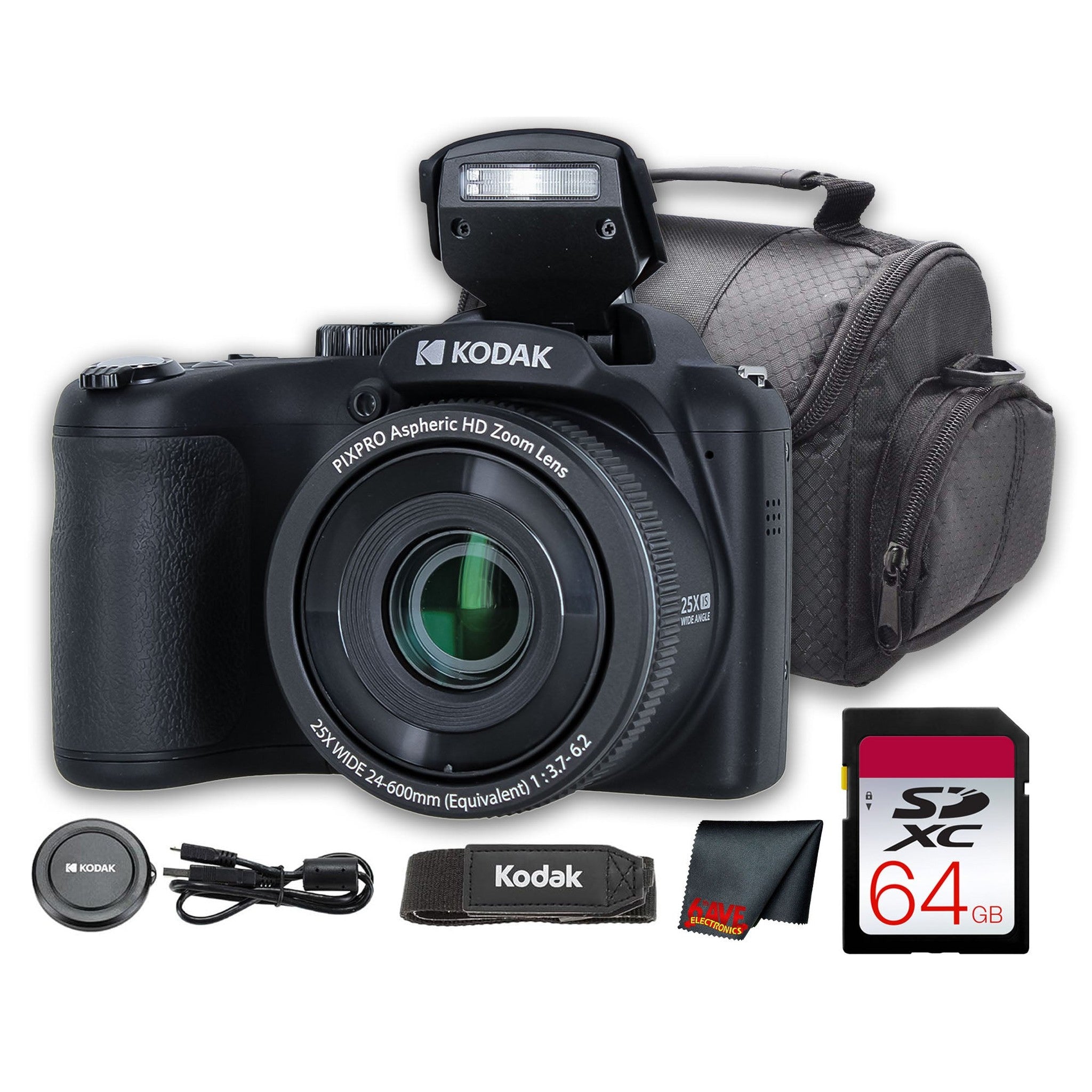 Kodak PIXPRO AZ255 Digital Camera Black AZ255BK + 64GB Card + Bag + Cloth