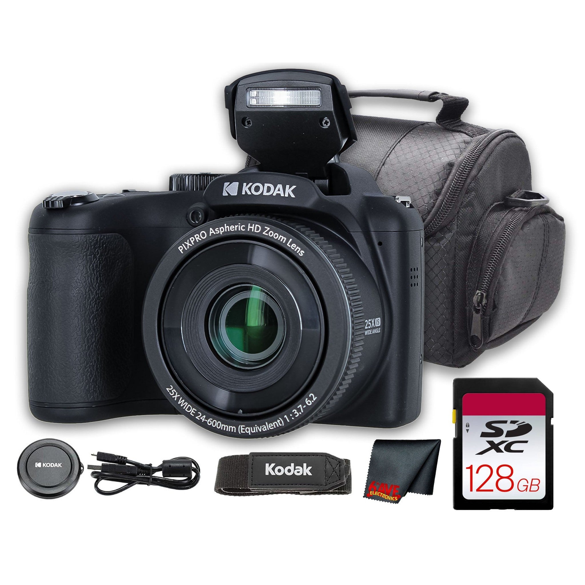 Kodak PIXPRO AZ255 Digital Camera Black AZ255BK + 128GB Card + Bag + Cloth