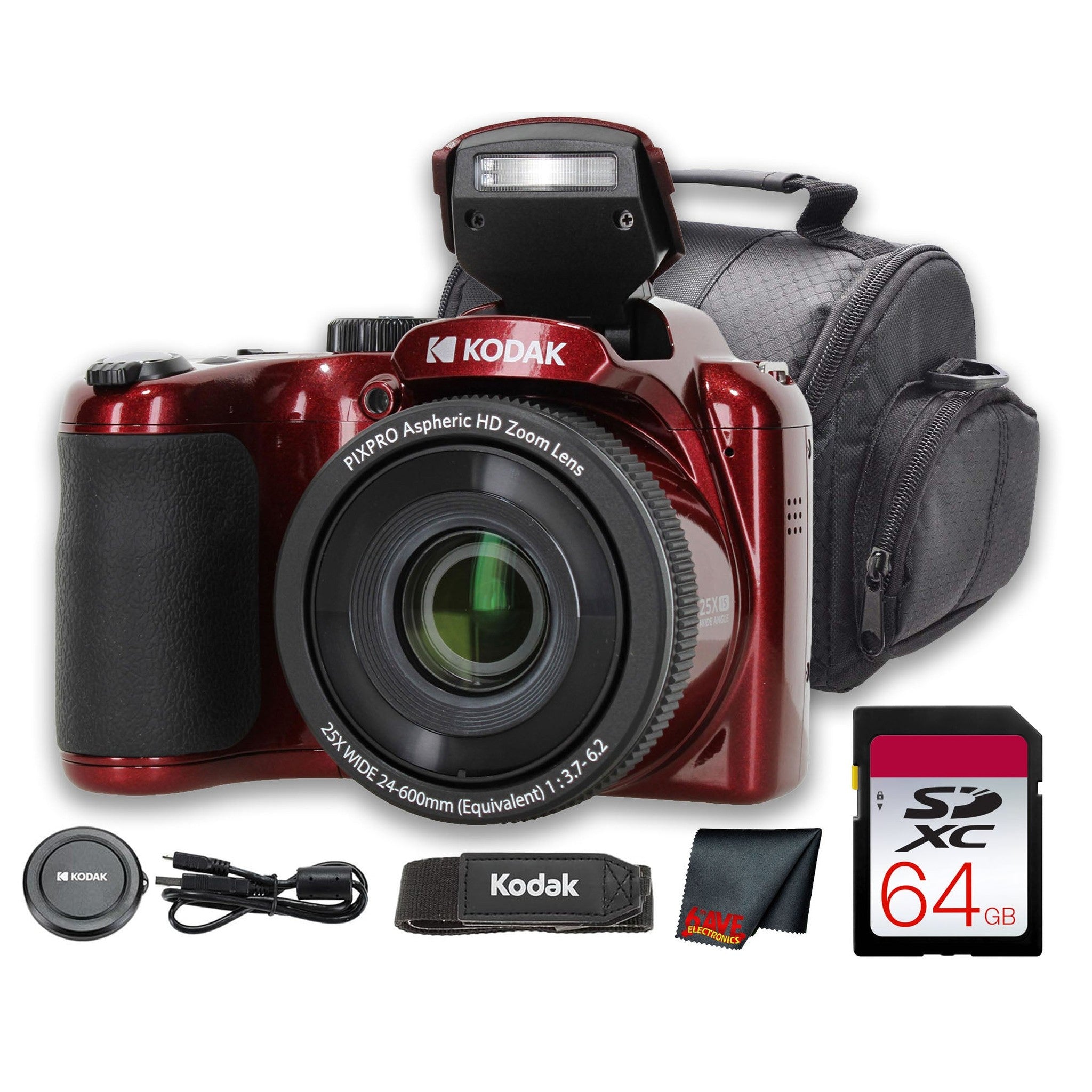 Kodak PIXPRO AZ255 Digital Camera Red AZ255RD + 64GB Card + Bag + Cloth