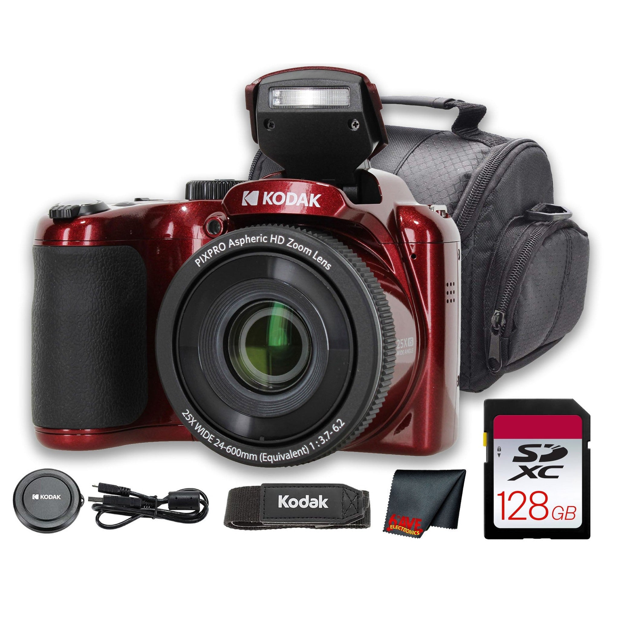 Kodak PIXPRO AZ255 Digital Camera Red AZ255RD + 128GB Card + Bag + Cloth