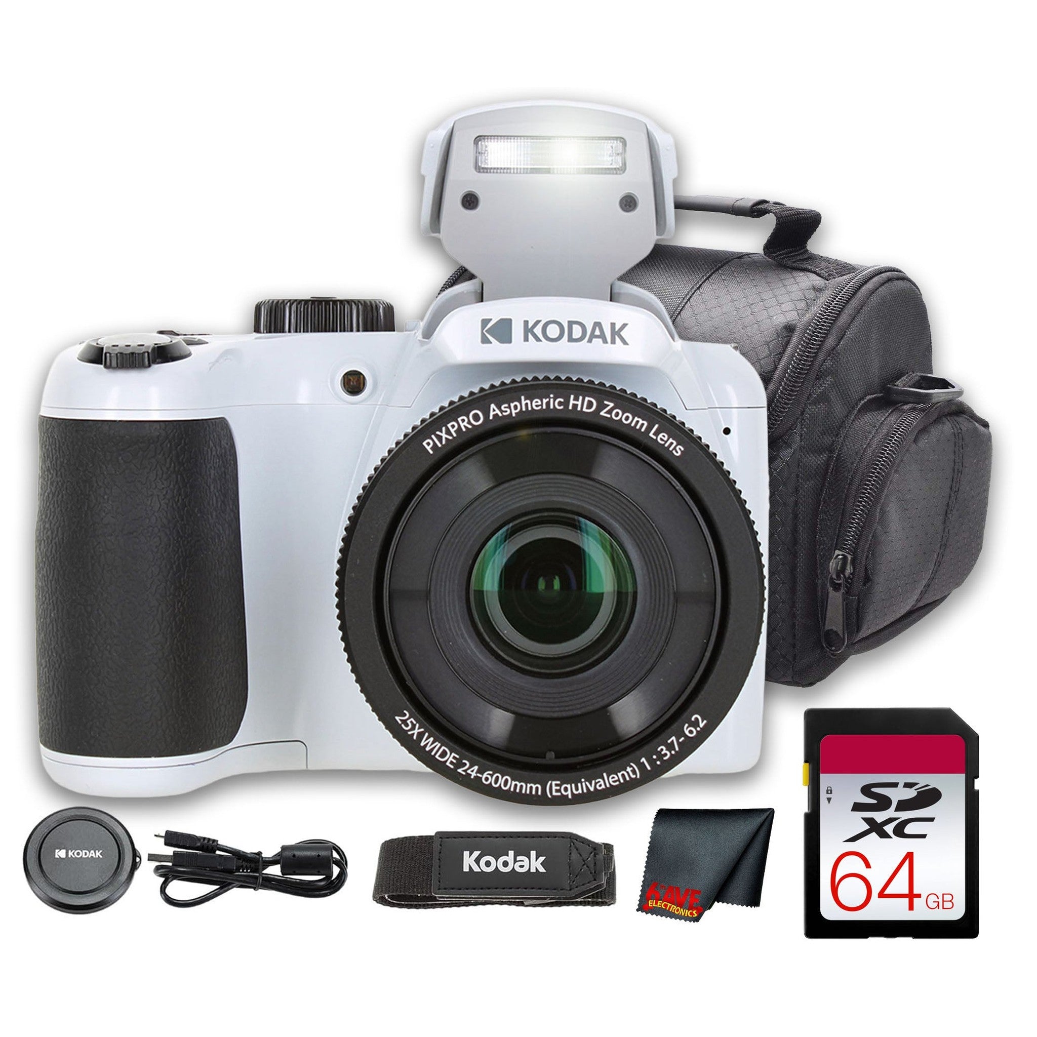 Kodak PIXPRO AZ255 Digital Camera White AZ255WH + 64GB Card + Bag + Cloth
