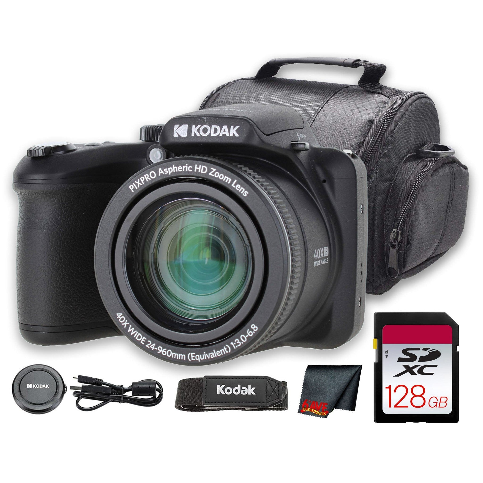 Kodak PIXPRO AZ405 Digital Camera Black AZ405BK + 128GB Card + Bag + Cloth