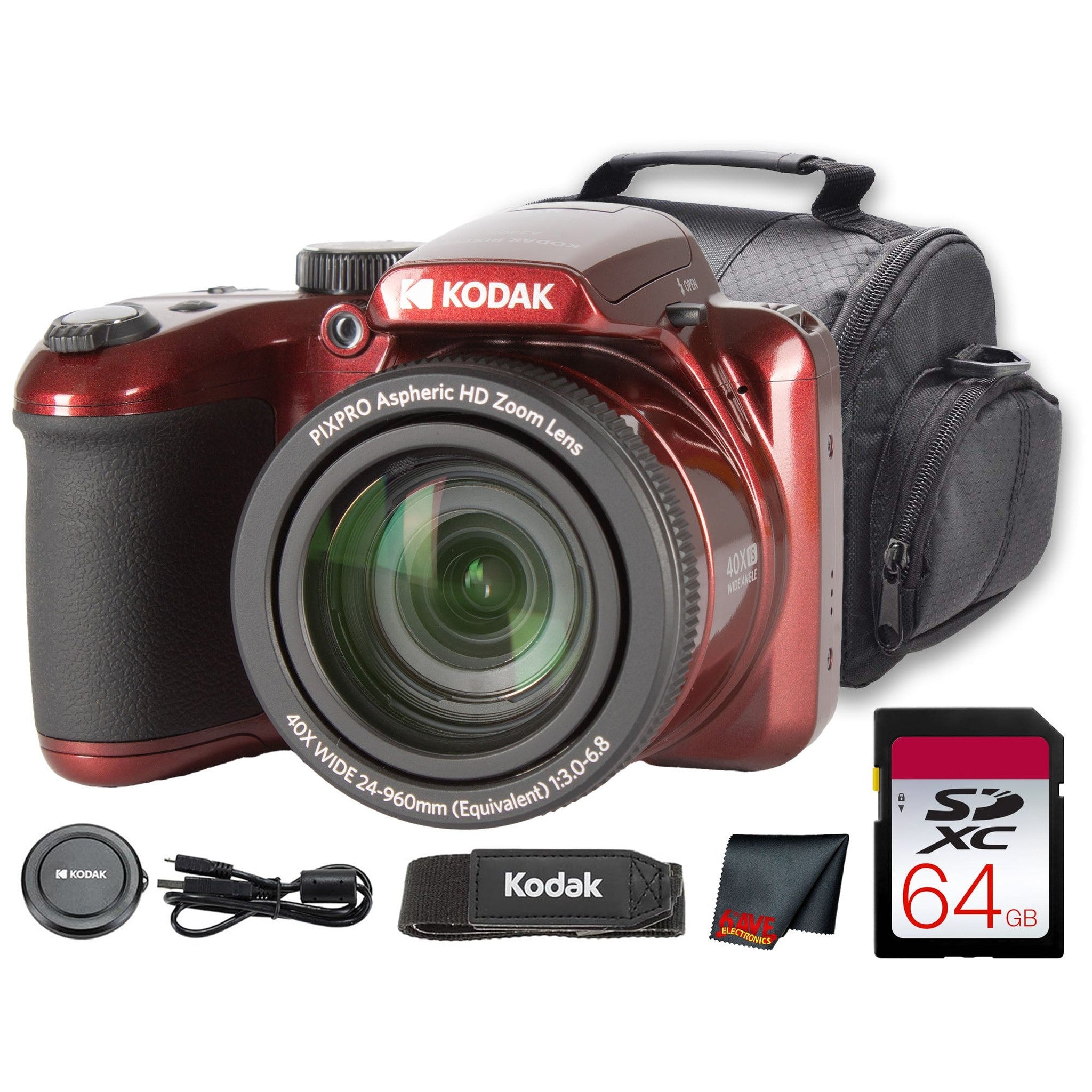 Kodak PIXPRO AZ405 Digital Camera Red AZ405RD + 64GB Card + Bag + Cloth