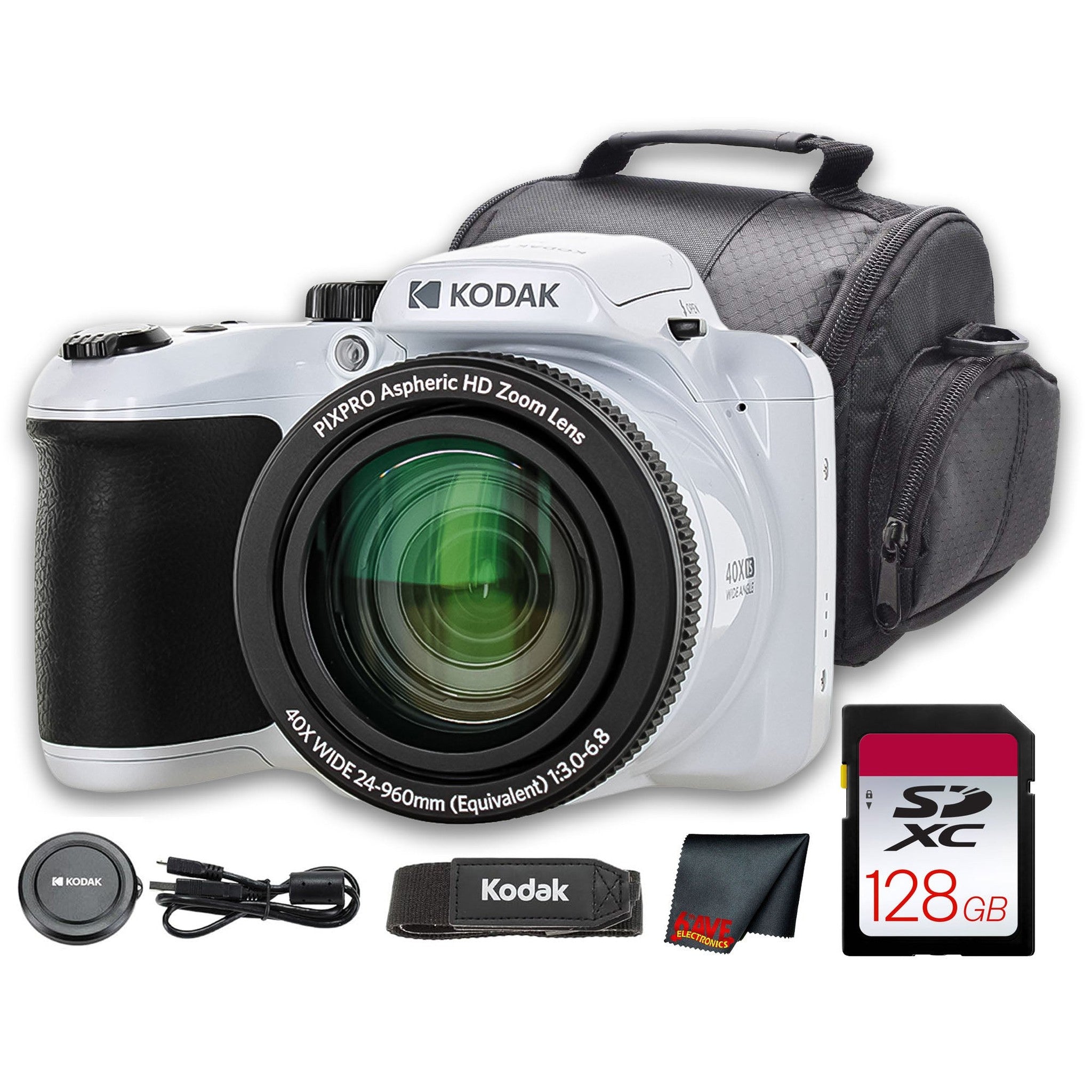 Kodak PIXPRO AZ405 Digital Camera White AZ405WH + 128GB Card + Bag + Cloth