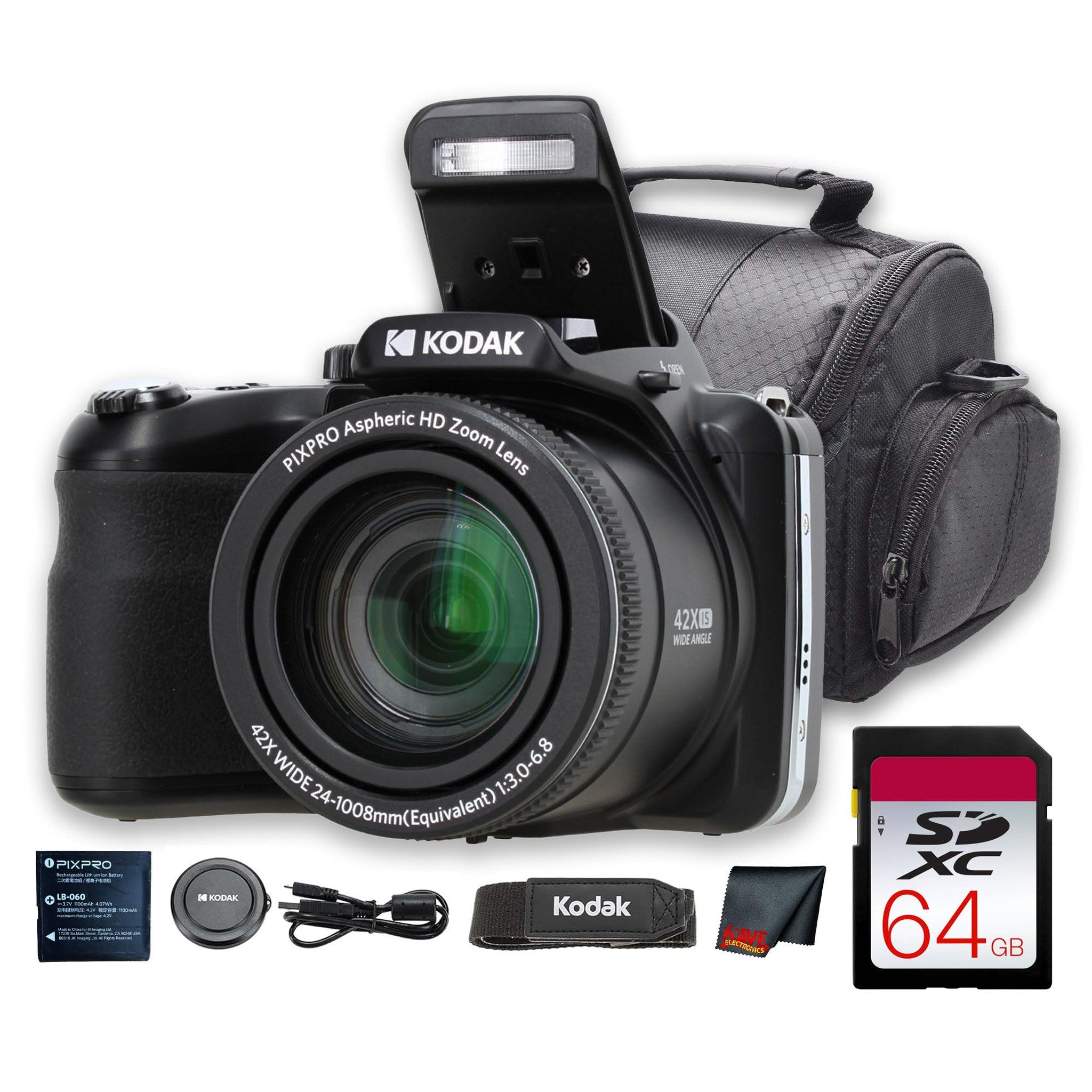 Kodak PIXPRO AZ425 Digital Camera Black AZ425BK + 64GB Card + Bag + Cloth