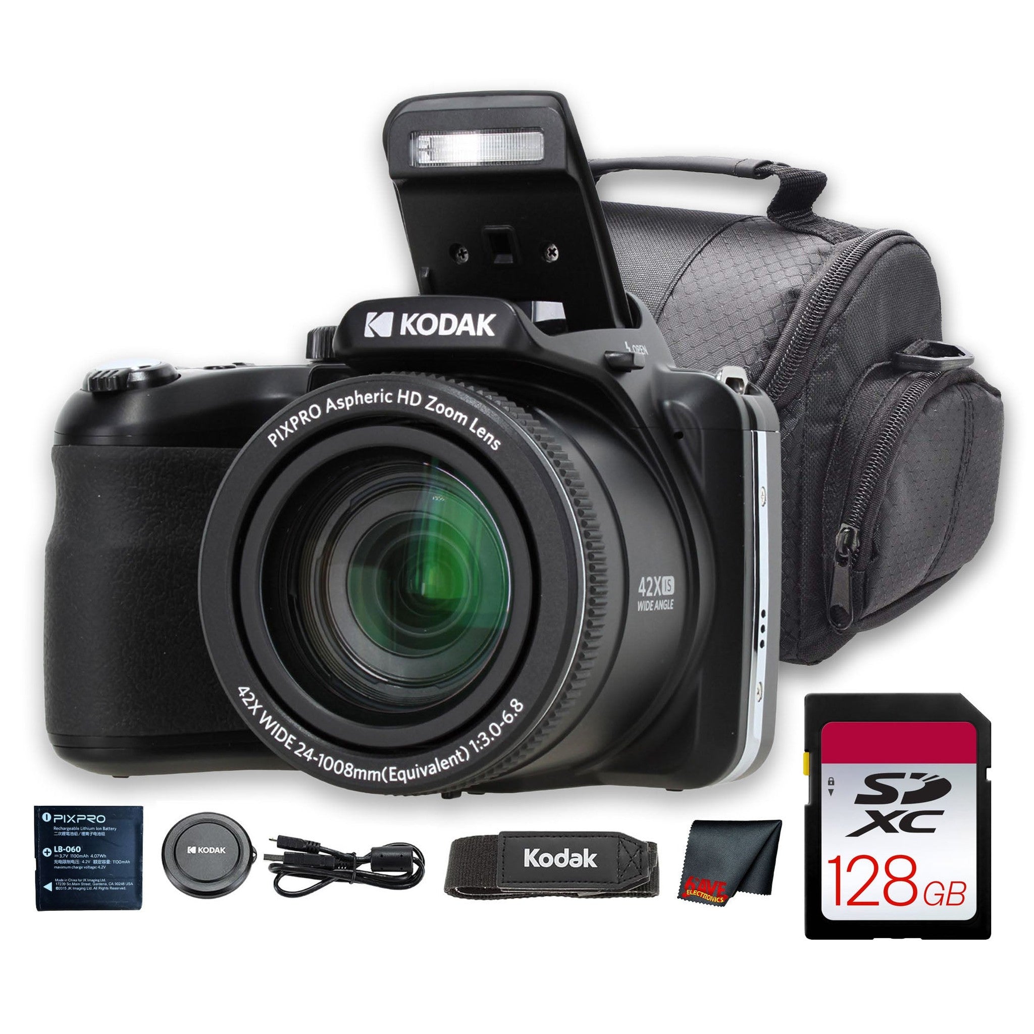Kodak PIXPRO AZ425 Digital Camera Black AZ425BK + 128GB Card + Bag + Cloth
