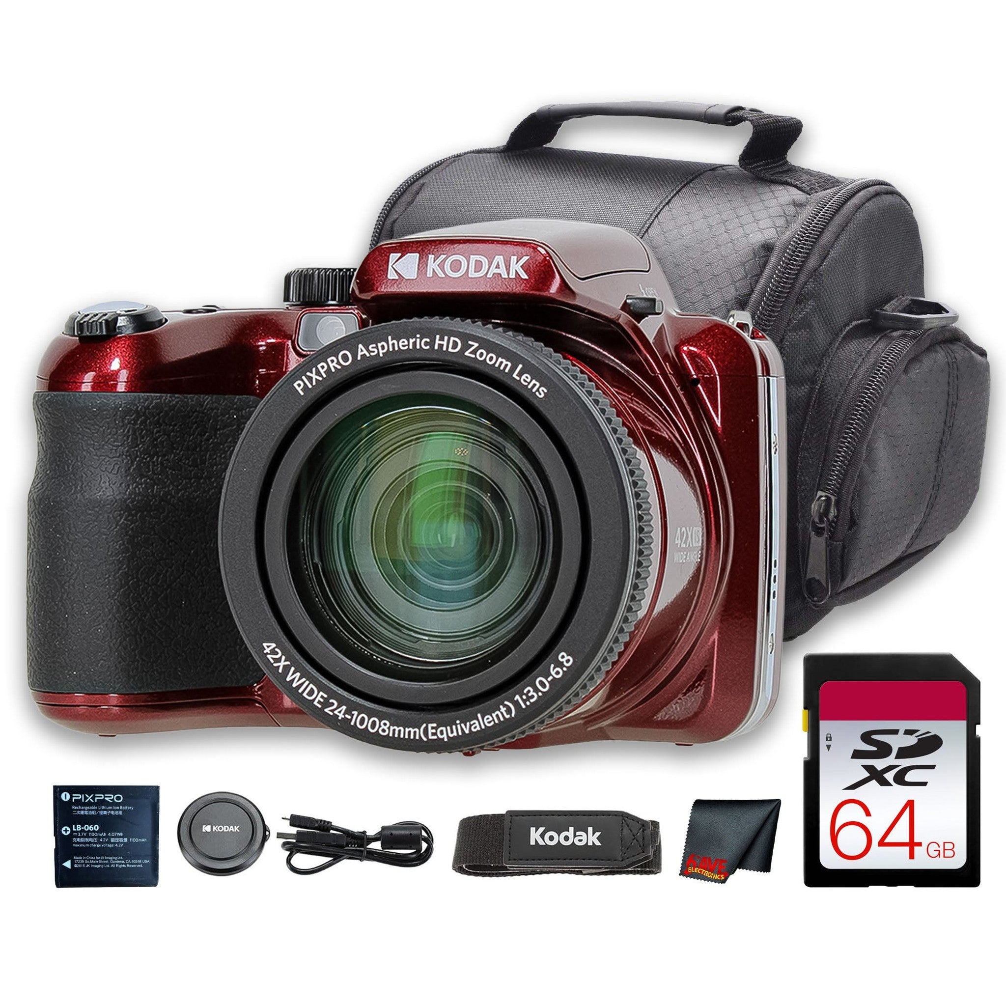 Kodak PIXPRO AZ425 Digital Camera Red AZ425RD + 64GB Card + Bag + Cloth