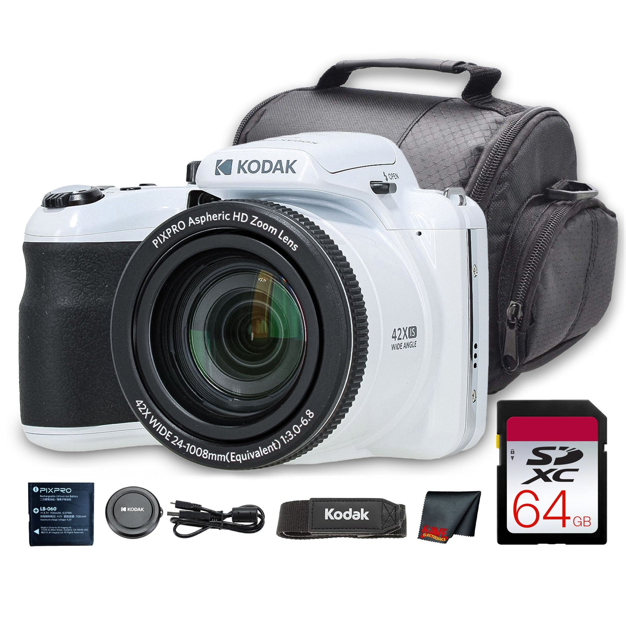 Kodak PIXPRO AZ425 Digital Camera White AZ425WH + 64GB Card + Bag + Cloth