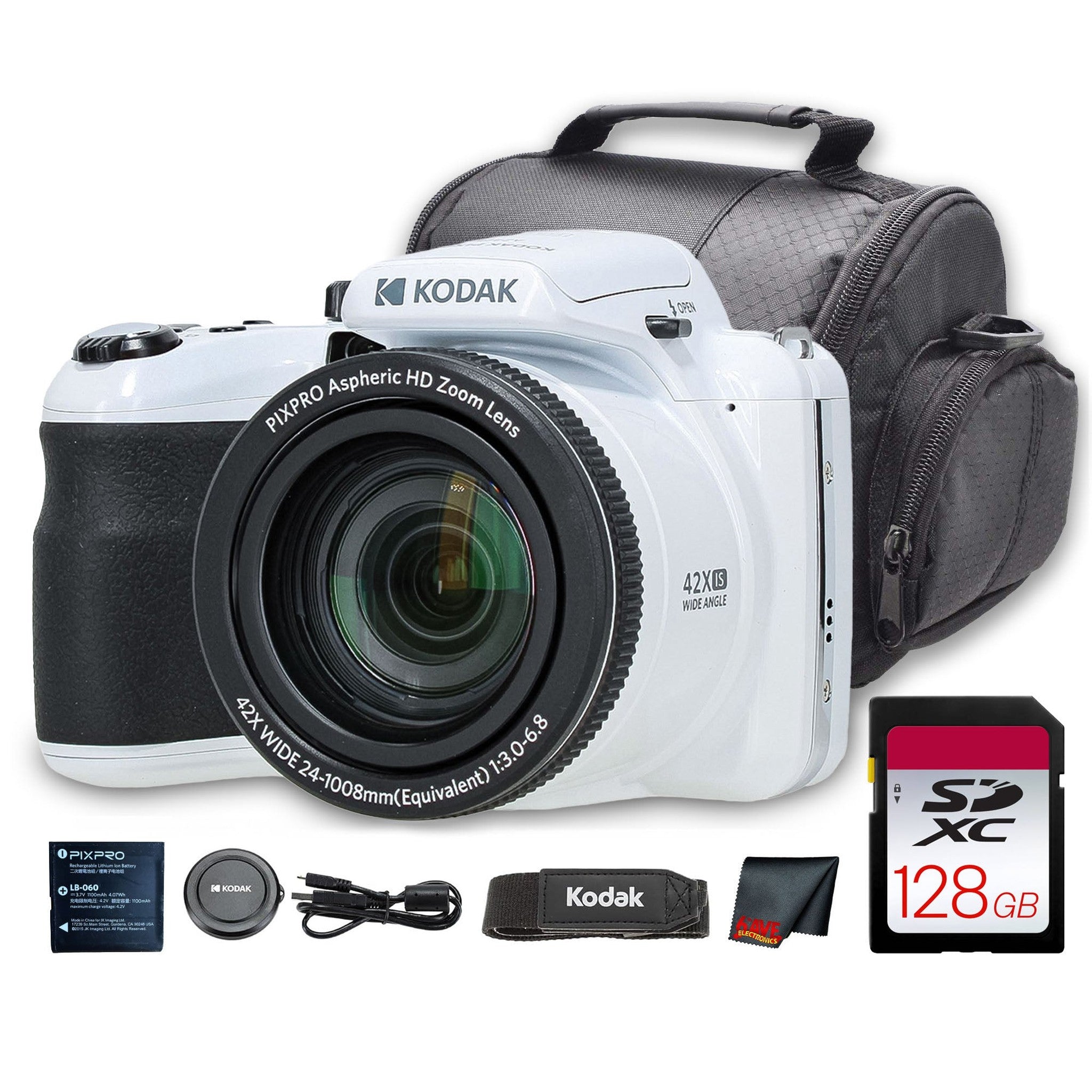 Kodak PIXPRO AZ425 Digital Camera White AZ425WH + 128GB Card + Bag + Cloth