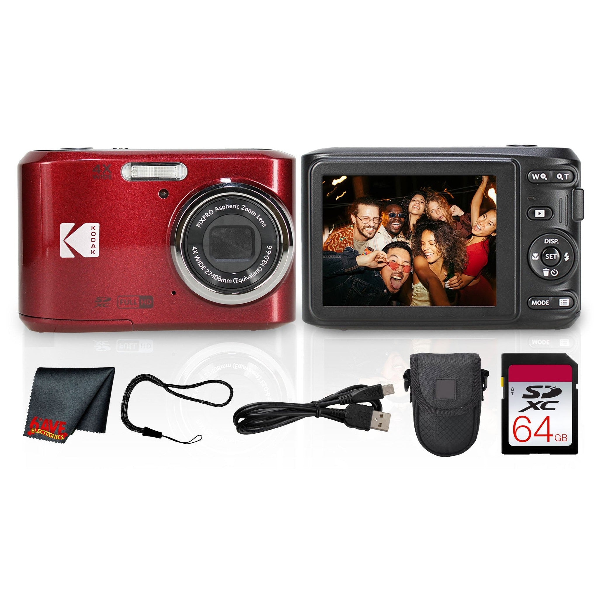 Kodak PIXPRO FZ45 Digital Camera Red FZ45RD + 64GB Card + Camera Case + Cleaning Cloth