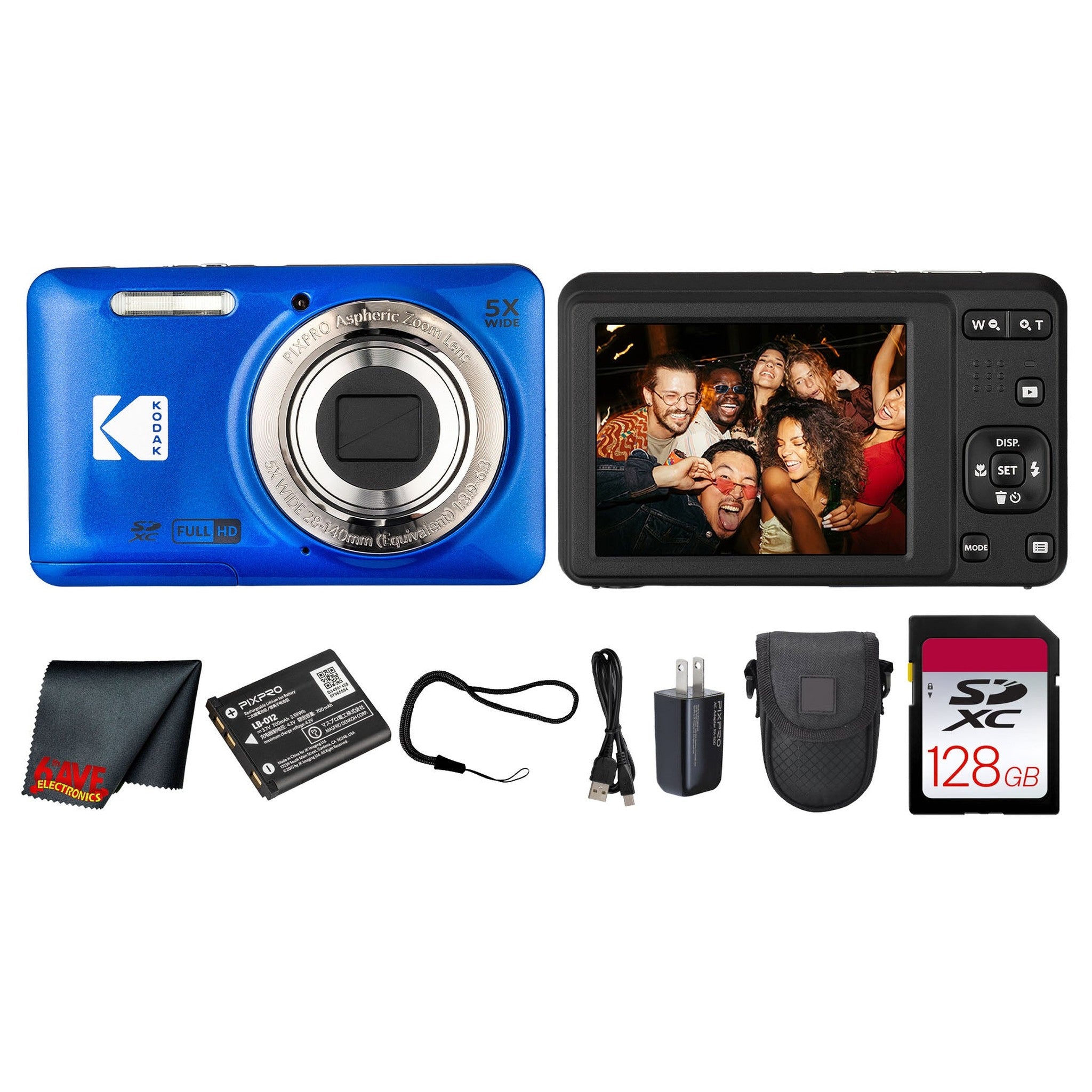 Kodak PIXPRO FZ55 Digital Camera Blue FZ55BL + 128GB Card + Case + Cleaning Cloth