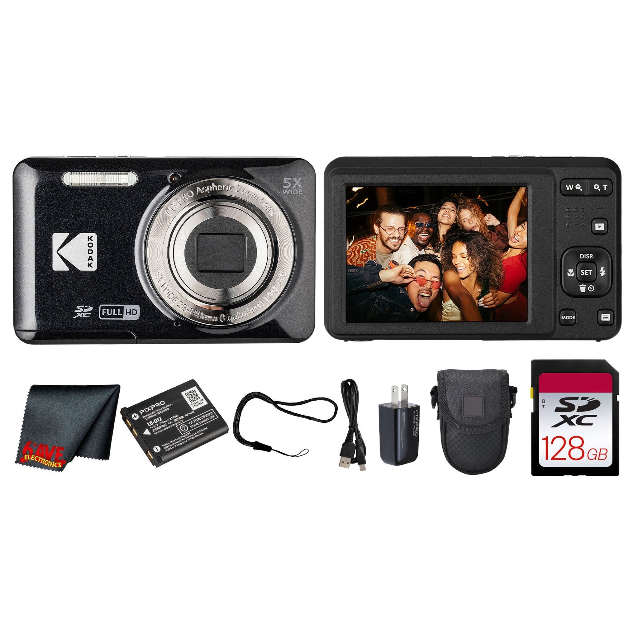Kodak PIXPRO FZ55 Digital Camera Black + 128GB Card + Case + Cleaning Cloth Pro Kit