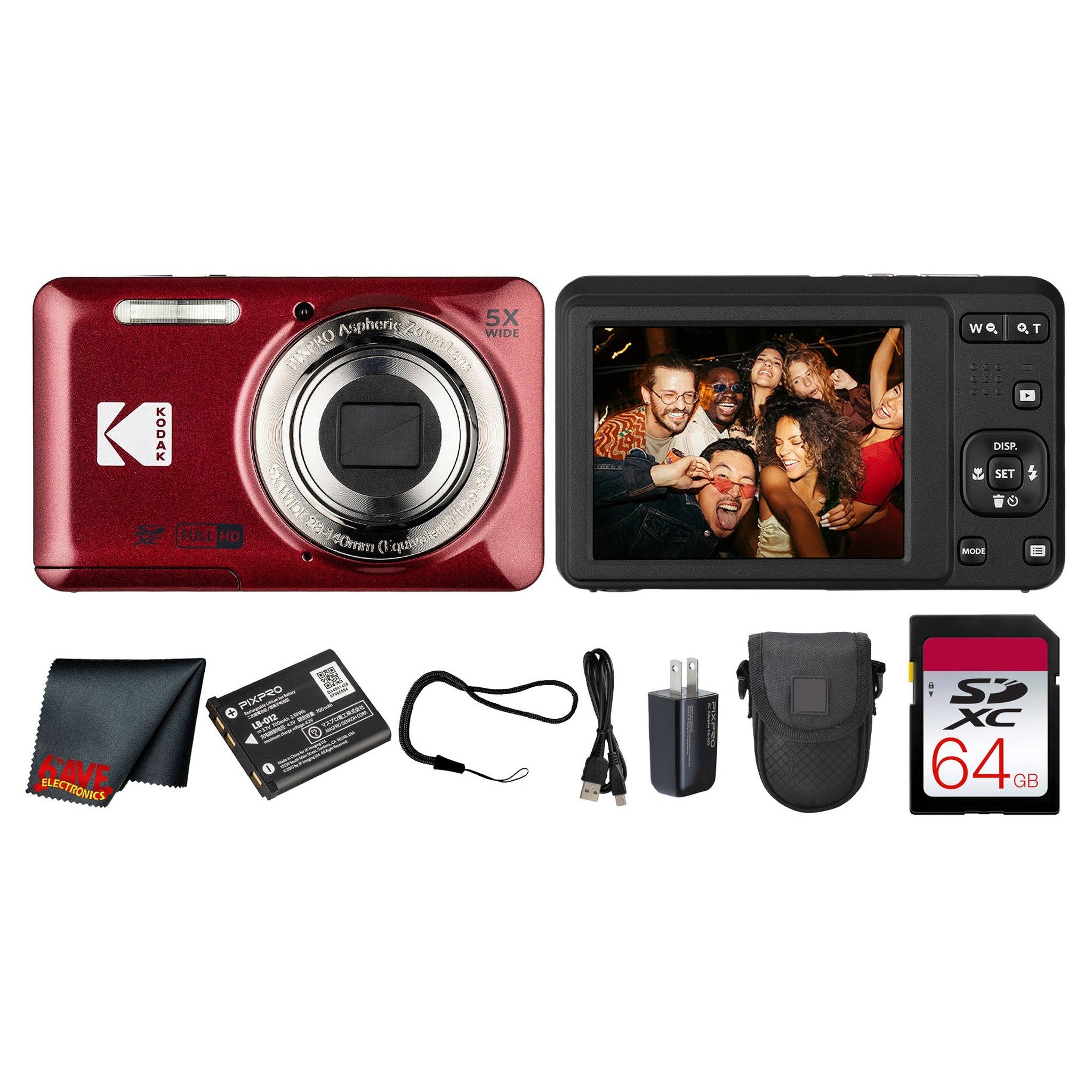 Kodak PIXPRO FZ55 Digital Camera Red FZ55RD + 64GB Card + Case + Cleaning Cloth