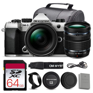 OM SYSTEM OM-5 Mark II Mirrorless Camera with 12-45mm f/4 PRO Lens Bundle + 64GB Card + Bag