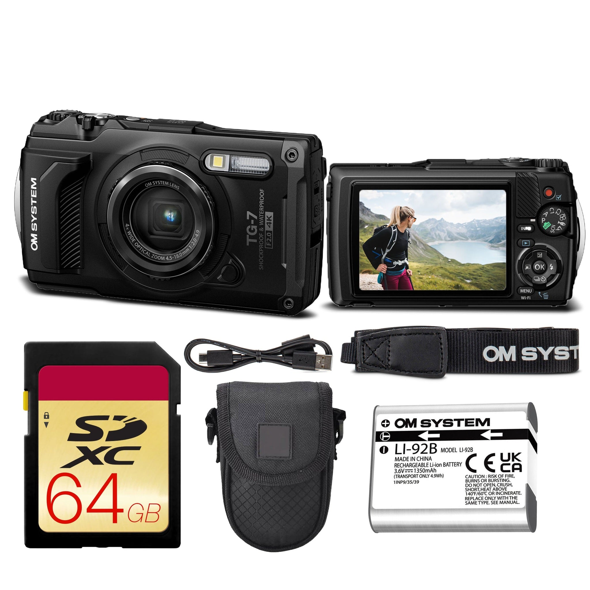 OM SYSTEM Tough TG-7 Digital Camera Bundle Black V110030BU000 + 64GB Card + Case