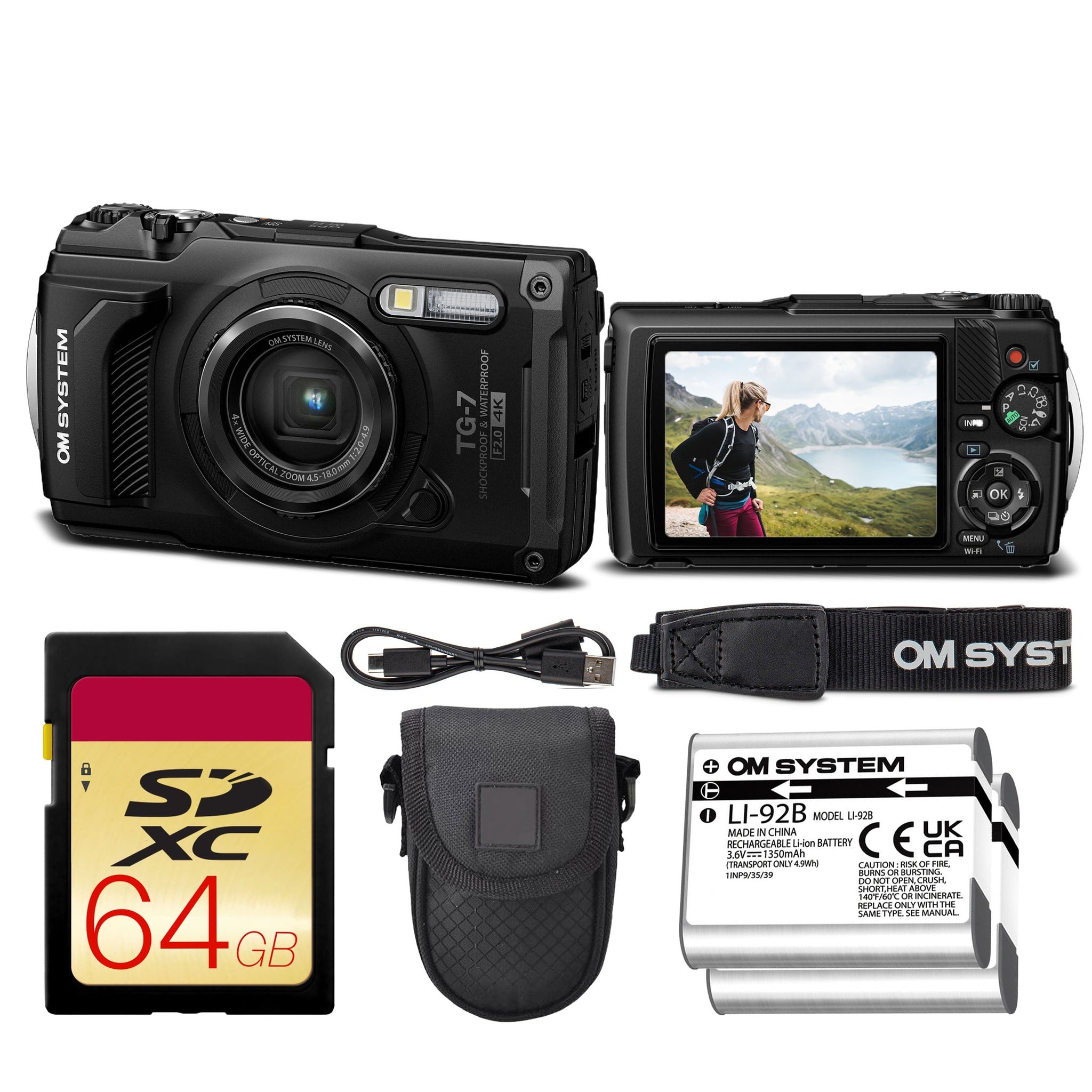 OM SYSTEM Tough TG-7 Digital Camera Bundle Black + 64GB Card + Case + Battery
