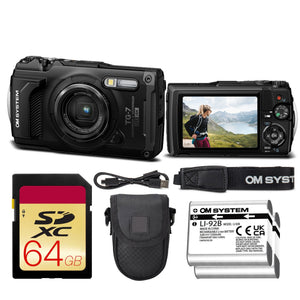 OM SYSTEM Tough TG-7 Digital Camera Bundle Black + 64GB Card + Case + Battery