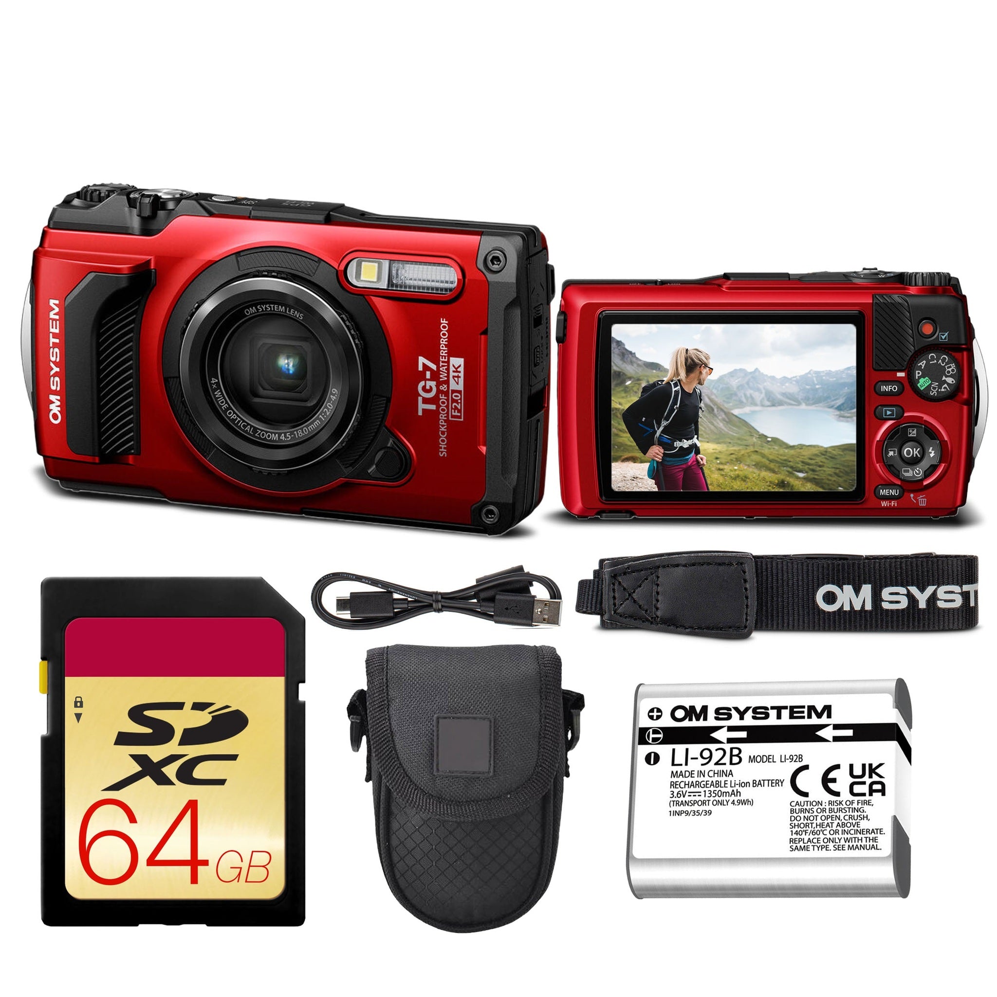 OM SYSTEM Tough TG-7 Digital Camera Bundle Red V110030RU000 + 64GB Card + Case