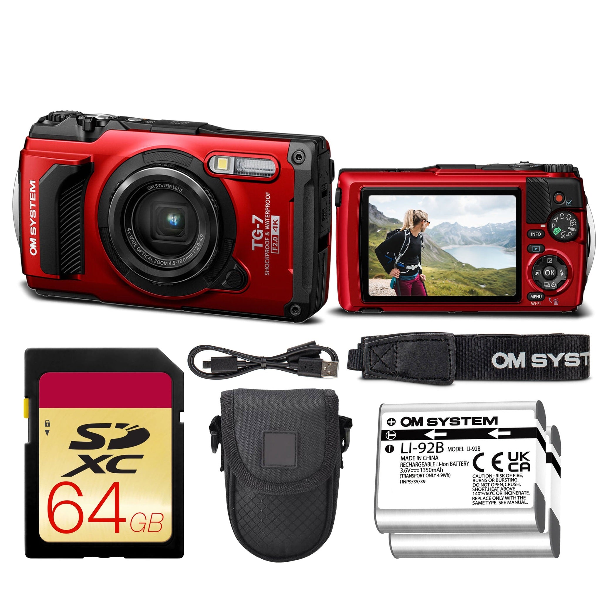 OM SYSTEM Tough TG-7 Digital Camera Bundle Red + 64GB Card + Case + Battery