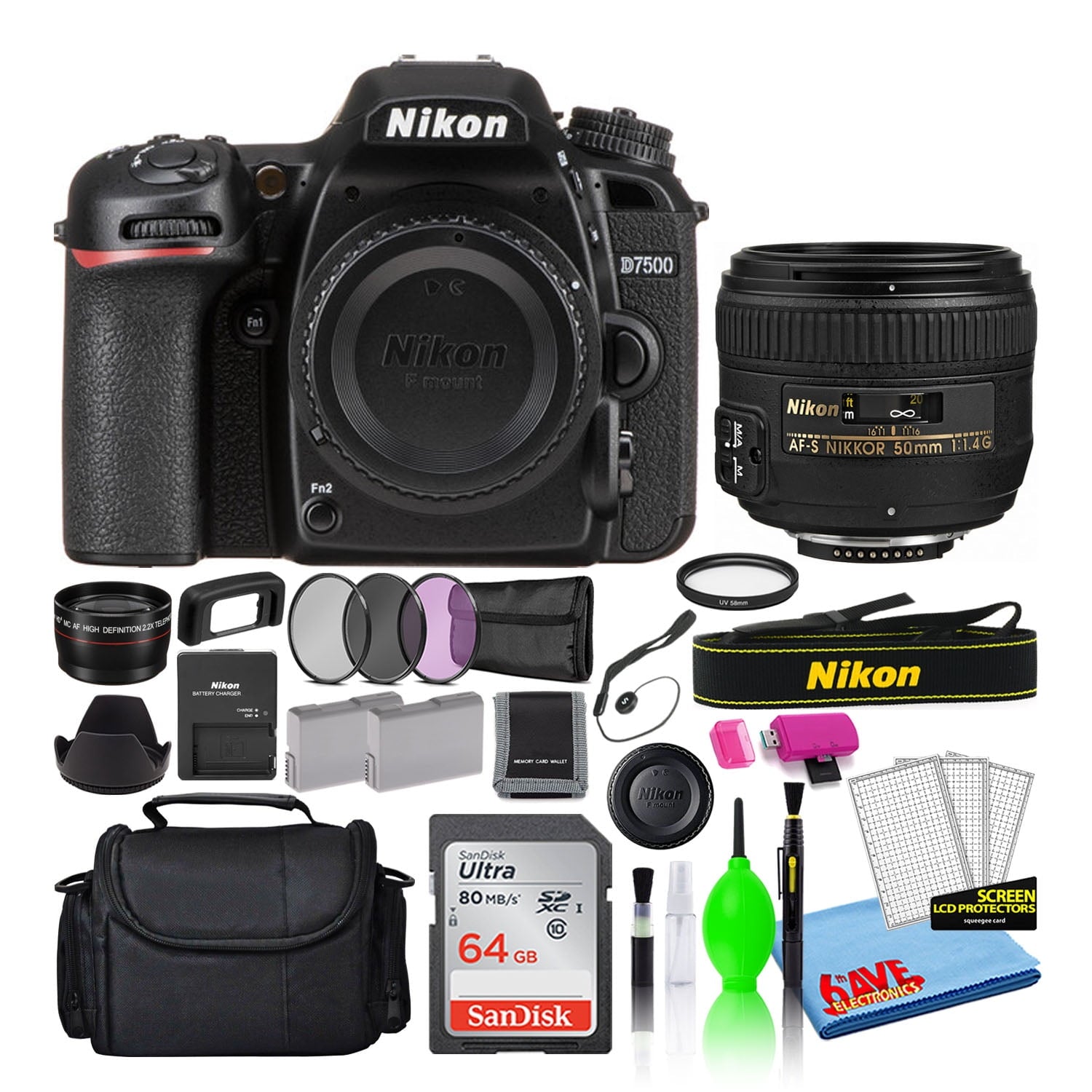 Nikon D7500 Digital Camera with 50mm f/1.4G Lens 1581 + 64GB Card + Bag Intl