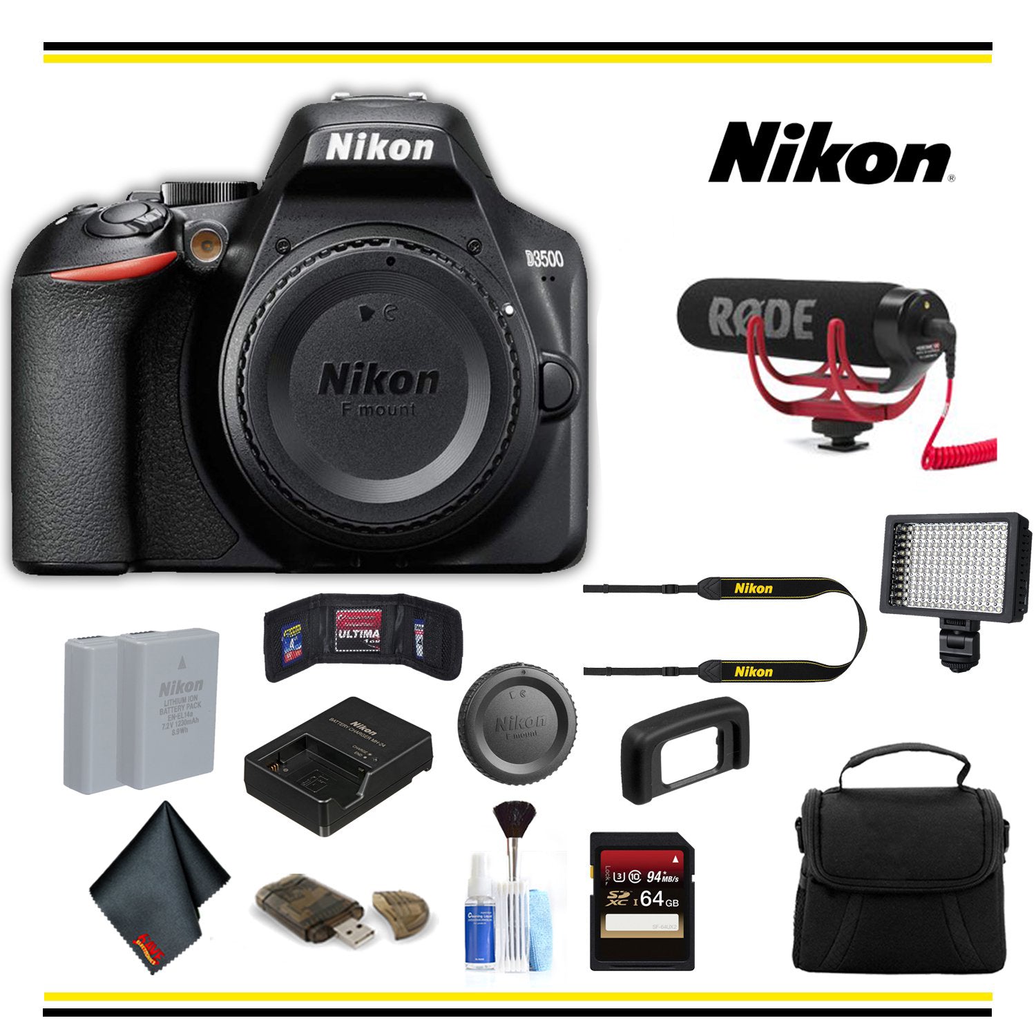 Nikon D3500 DSLR Camera (1519 ) Advanced Bundle W/ Bag, Extra Battery, LED Light, Mic, and More - (International Model )