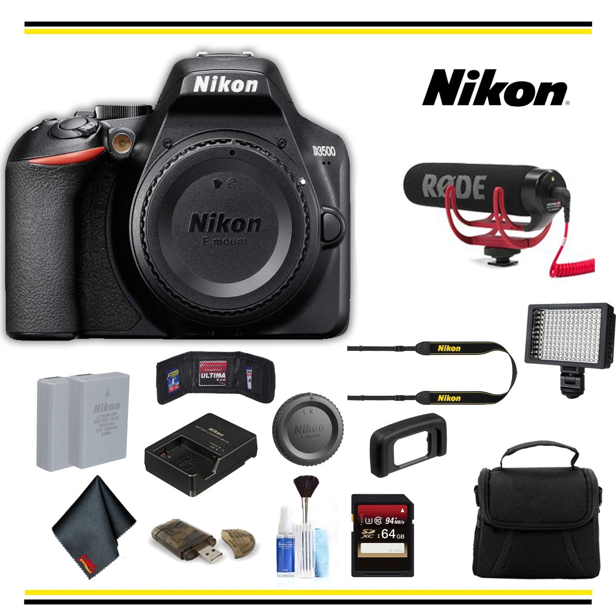 Nikon D3500 DSLR Camera 1519 Advanced Bundle W/ Bag, Extra Battery, LED Light, Mic, and More - International Model Nikon