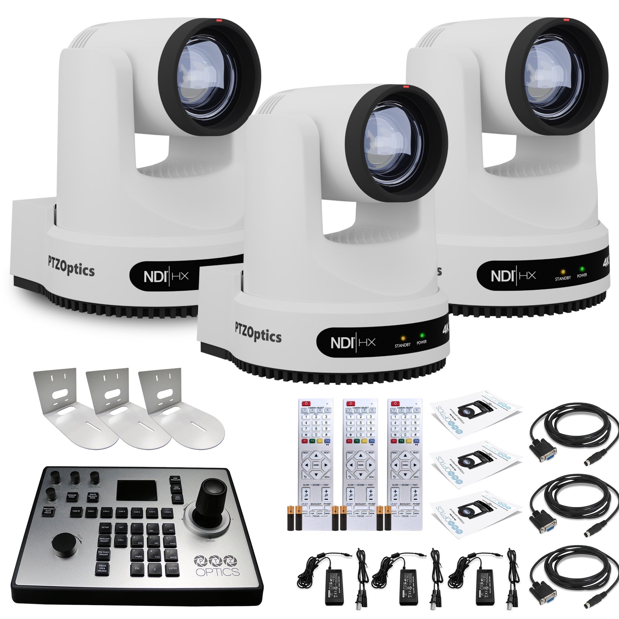 3 x PTZOptics Move 4K PTZ Camera with 20x Zoom White PT20X-4K-WH-G3 + PT-JOY-G4 Controller + 3 x Wall Mount