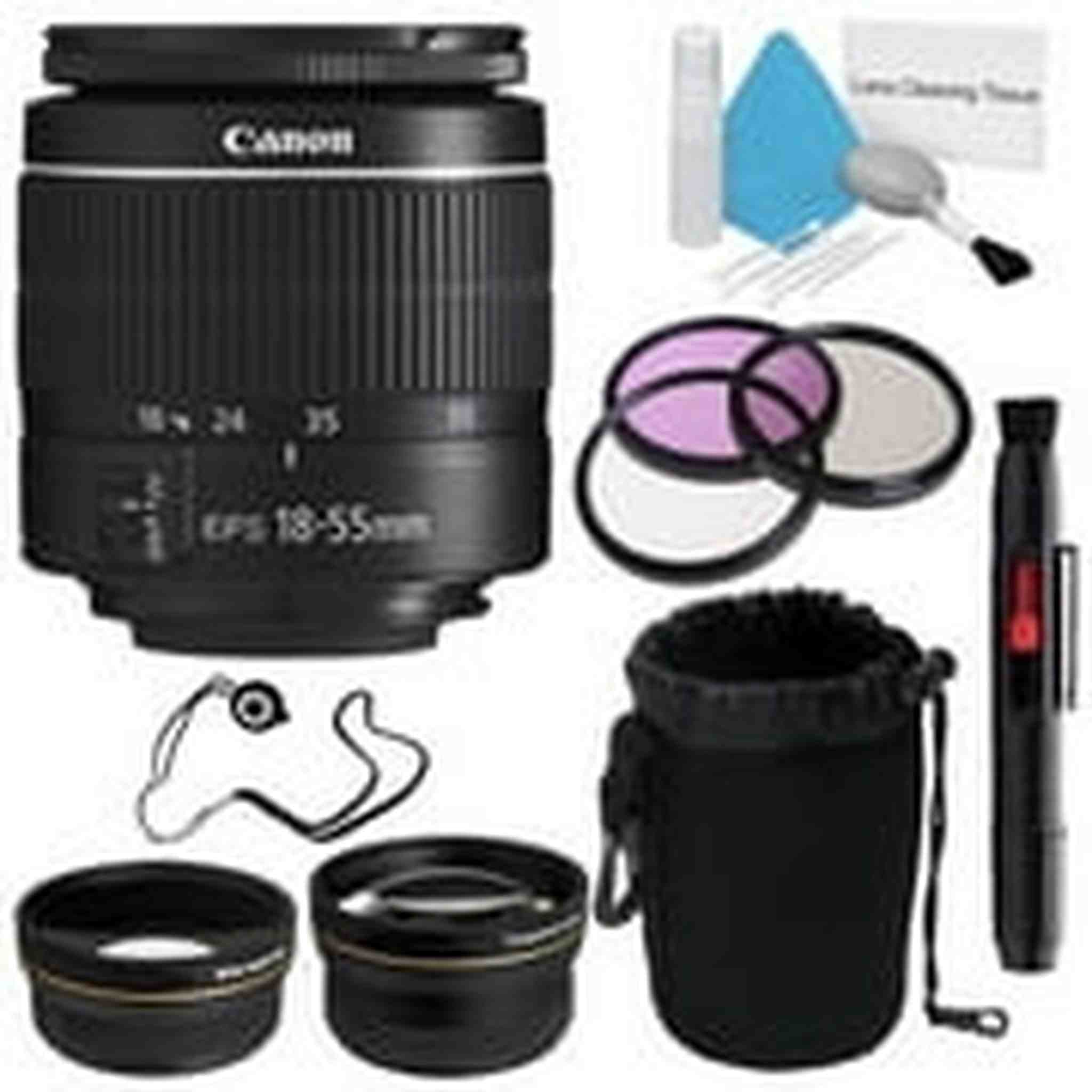 Canon EF-S 18-55mm f/3.5-5.6 III Lens International Model + 58mm Wide Angle Lenses + 58mm 3 Piece Filter Kit + Deluxe