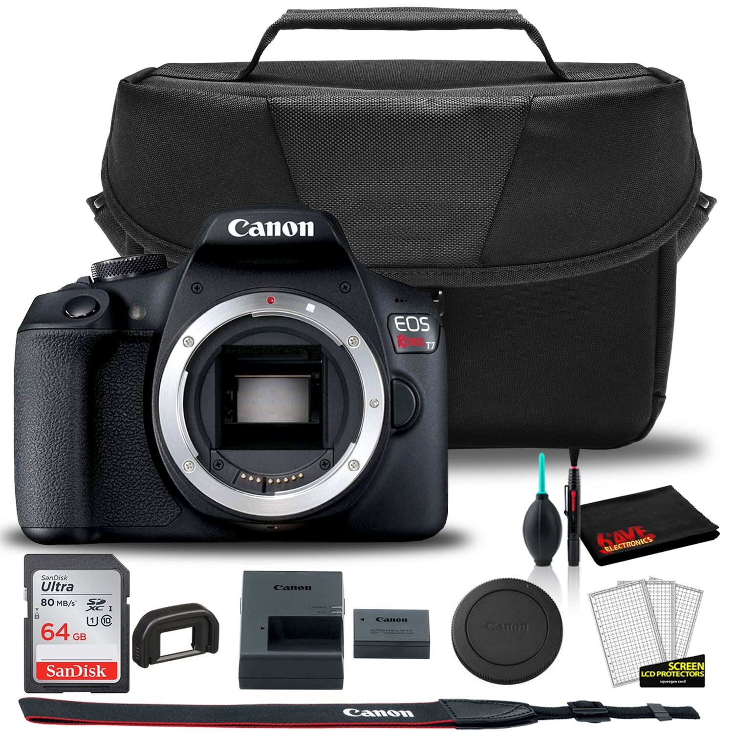 Canon EOS Rebel T7 DSLR Camera + EOS Bag + Sandisk Ultra 64GB Card + Cleaning Set And More Kit Box No Lens