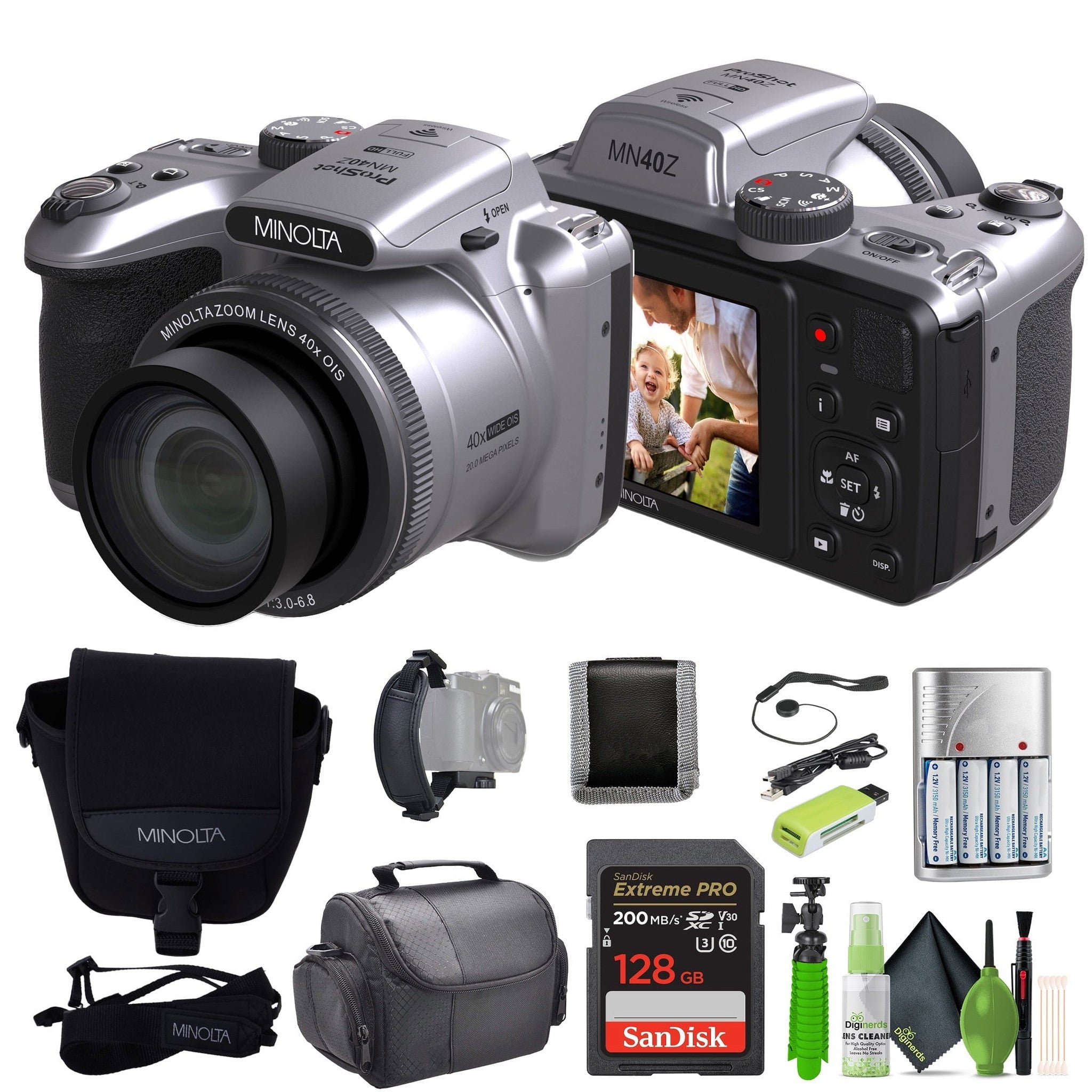 Minolta 20 Mega Pixels 40x Optical Zoom Digital Camera, 1080p FHD Video Bundle, Silver