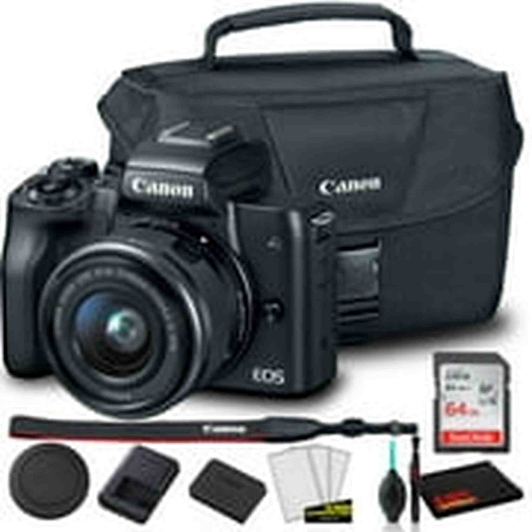Canon EOS M50 Mirrorless Digital Camera with 15-45mm Lens Black 2680C011 + Canon EOS Bag + Sandisk Ultra 64GB Card + Clean and Care Kit - Used