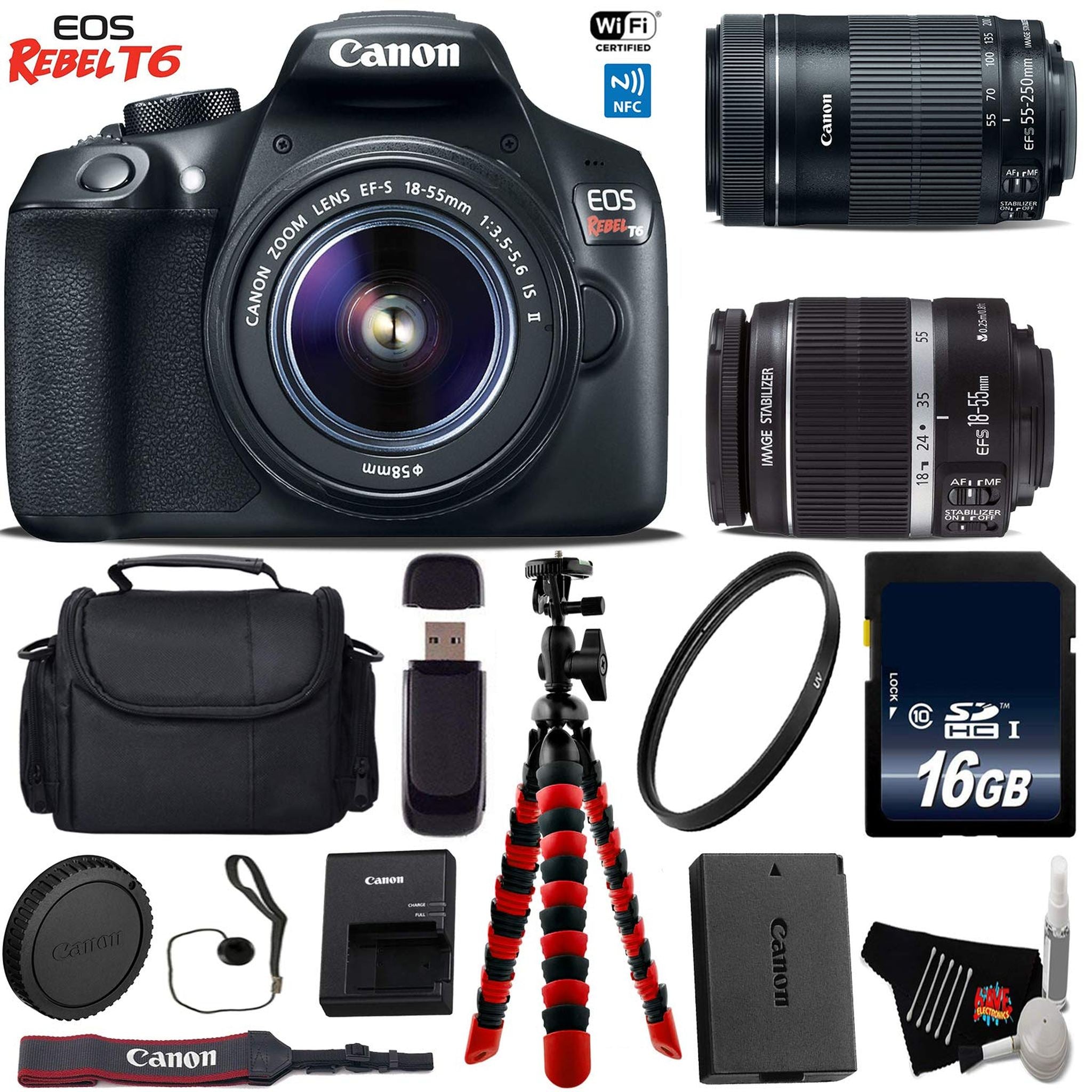 Canon EOS Rebel T6 DSLR Camera with 18-55mm is Lens & 55-250mm is STM Lens + Flexible Tripod + UV Protection Filter Base Bundle