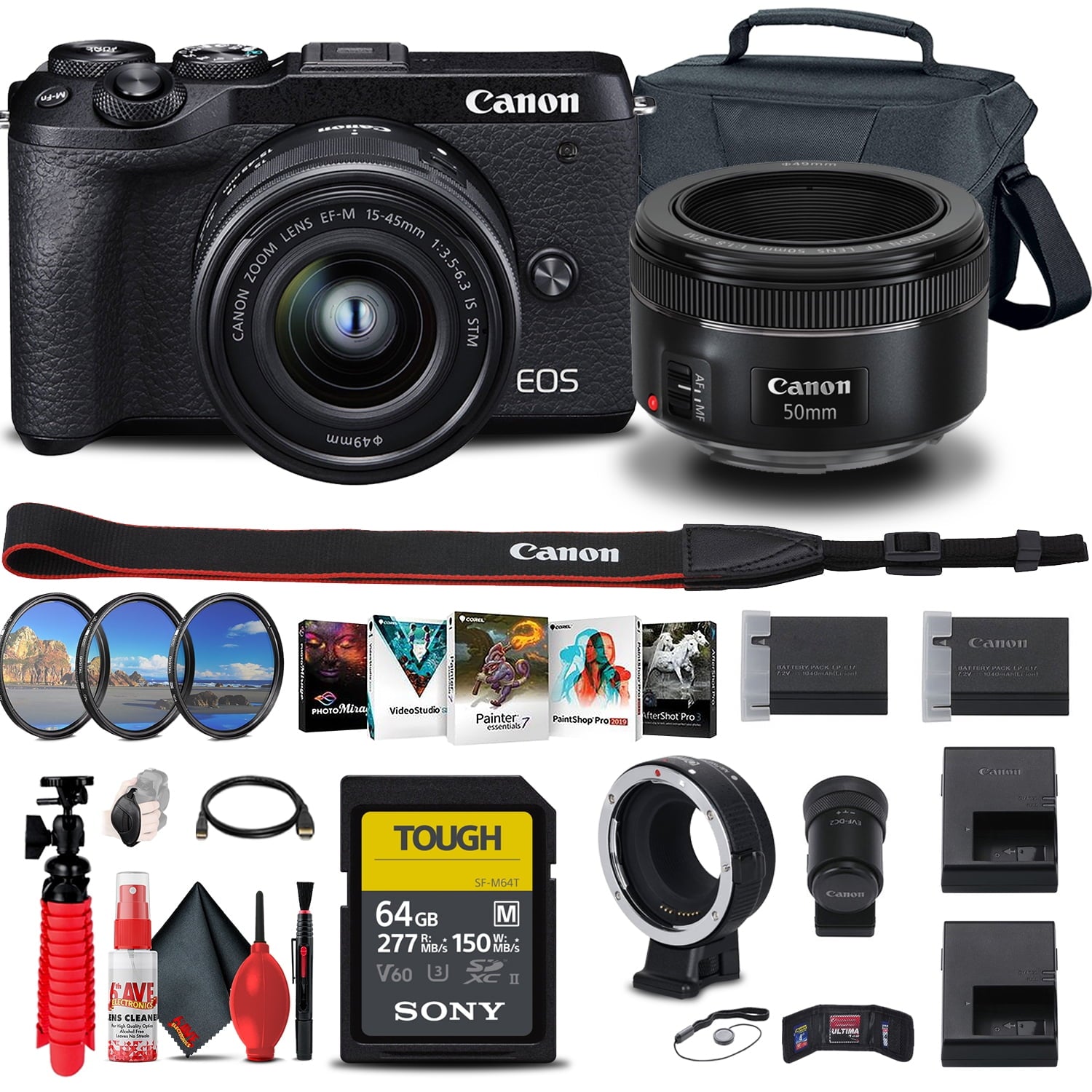 Canon EOS M6 Mark II Mirrorless Camera with 15-45mm Lens and EVF-DC2 On the Go Bundle