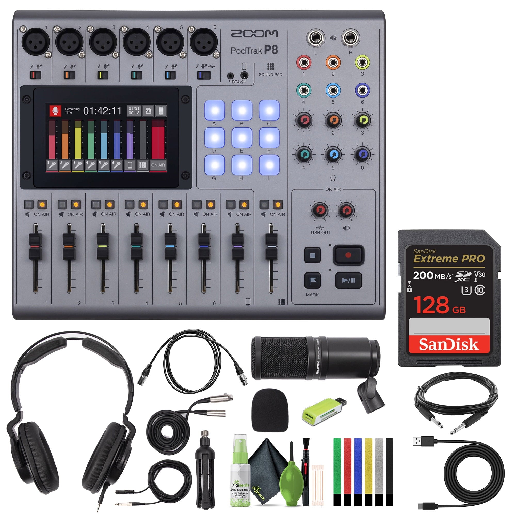 Zoom PodTrak P8 Podcast Recorder, 6 Microphone Inputs, 6 Headphone Outputs, Phone Input, Sound Pads, Onboard Editing, Record to SD card, USB Audio Interface, Battery Powered