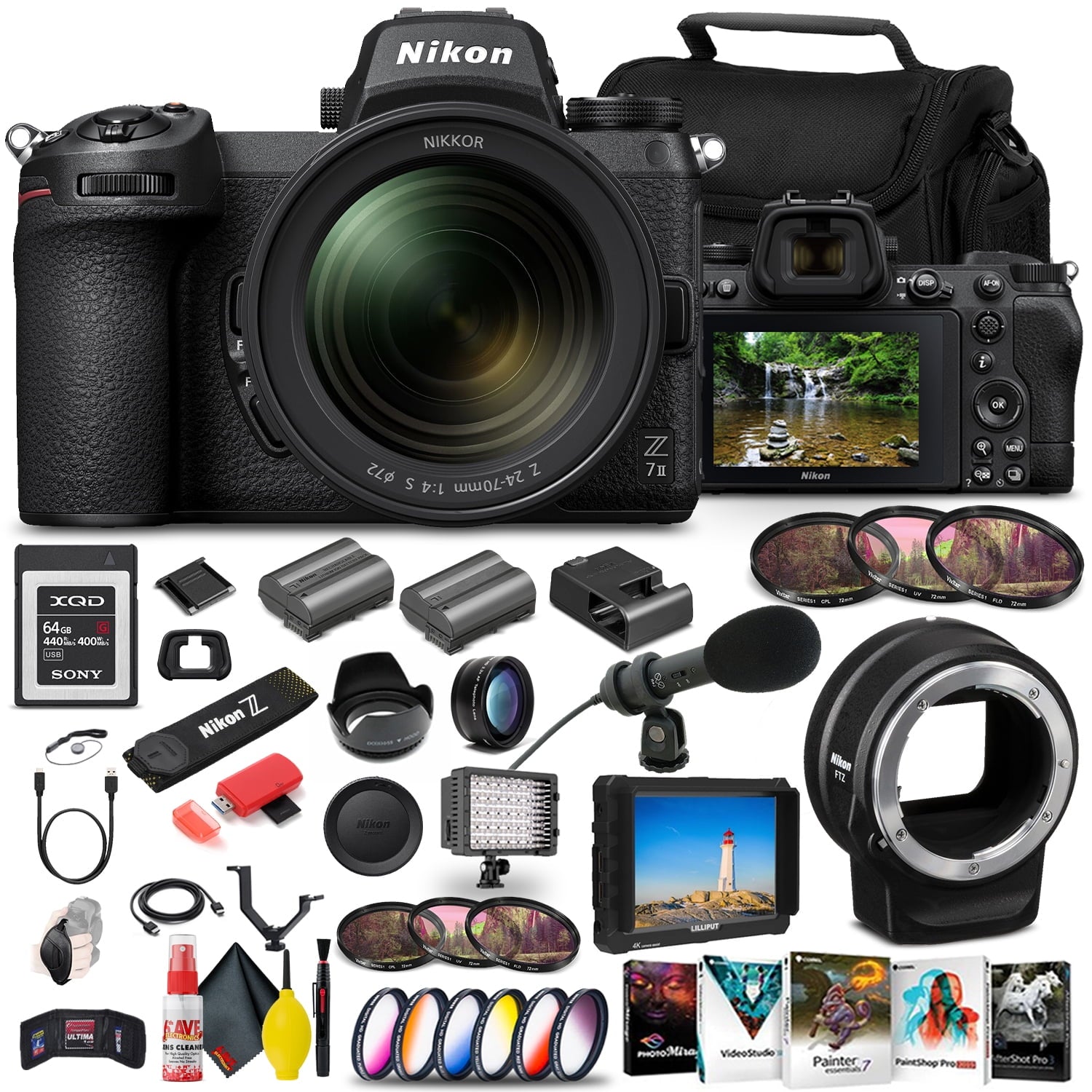 Nikon Z 7II Mirrorless Digital Camera 45.7MP with 24-70mm Lens (1656) + FTZ Mount + 4K Monitor + 64GB XQD Card + Pro Mic + EN-EL15c Battery + Corel Software + Case - International Model Bundle