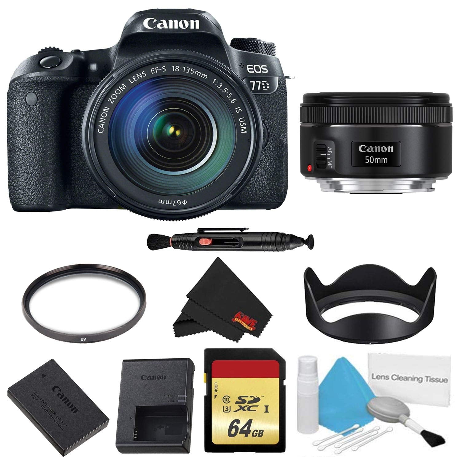 Canon EOS 77D DSLR Camera with 18-135mm Lens Bundle w/Memory Kit + Bonus 50mm Lens International Model