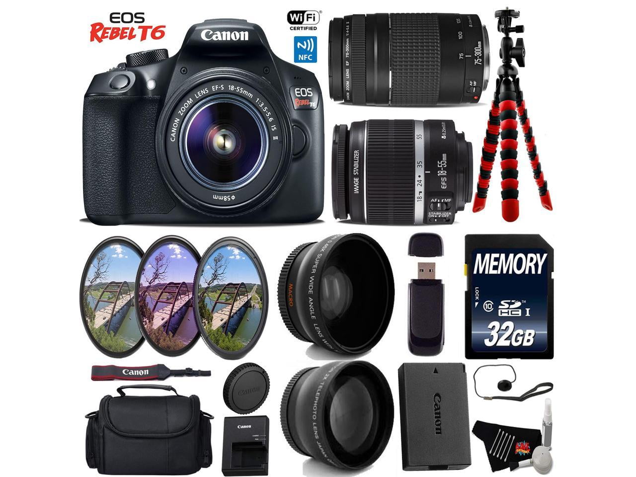 Canon EOS Rebel T6 DSLR Camera with 18-55mm is II Lens & 75-300mm III Lens + UV FLD CPL Filter Kit Starter Bundle