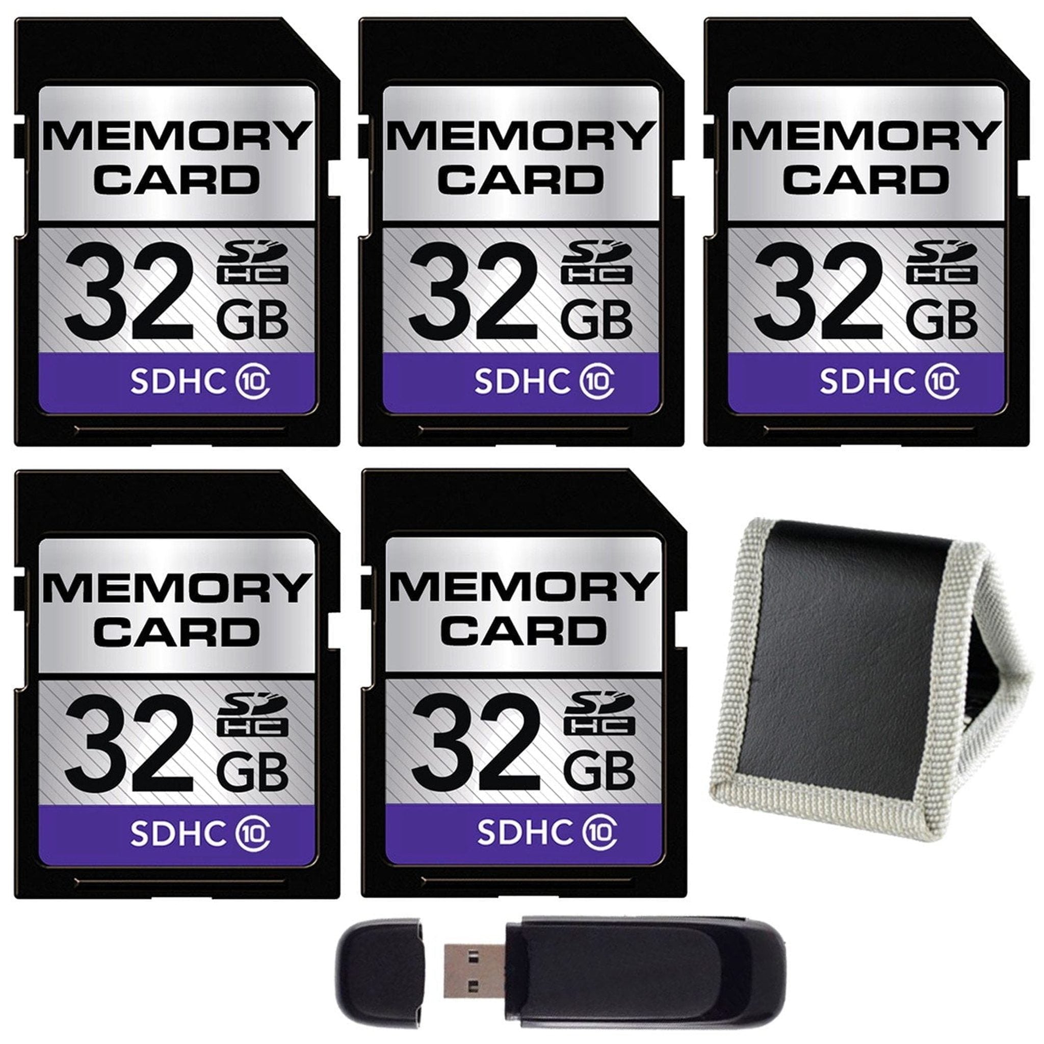 32GB SDHC Class 10 Memory Card 5-Pack + SD Card USB Reader + Memory Card Wallet Bundle