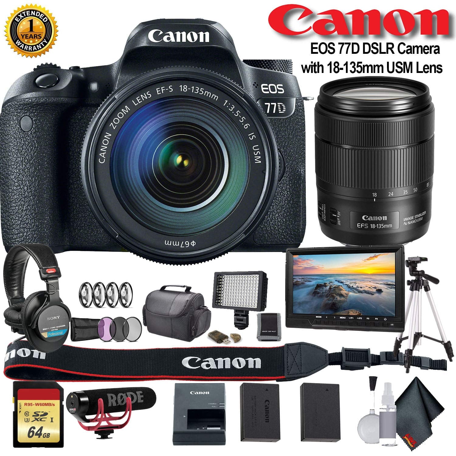 Canon EOS 77D DSLR Camera with 18-135mm USM Lens International Model 1892C002 W/Bag, Extra Battery, LED Light, Mic