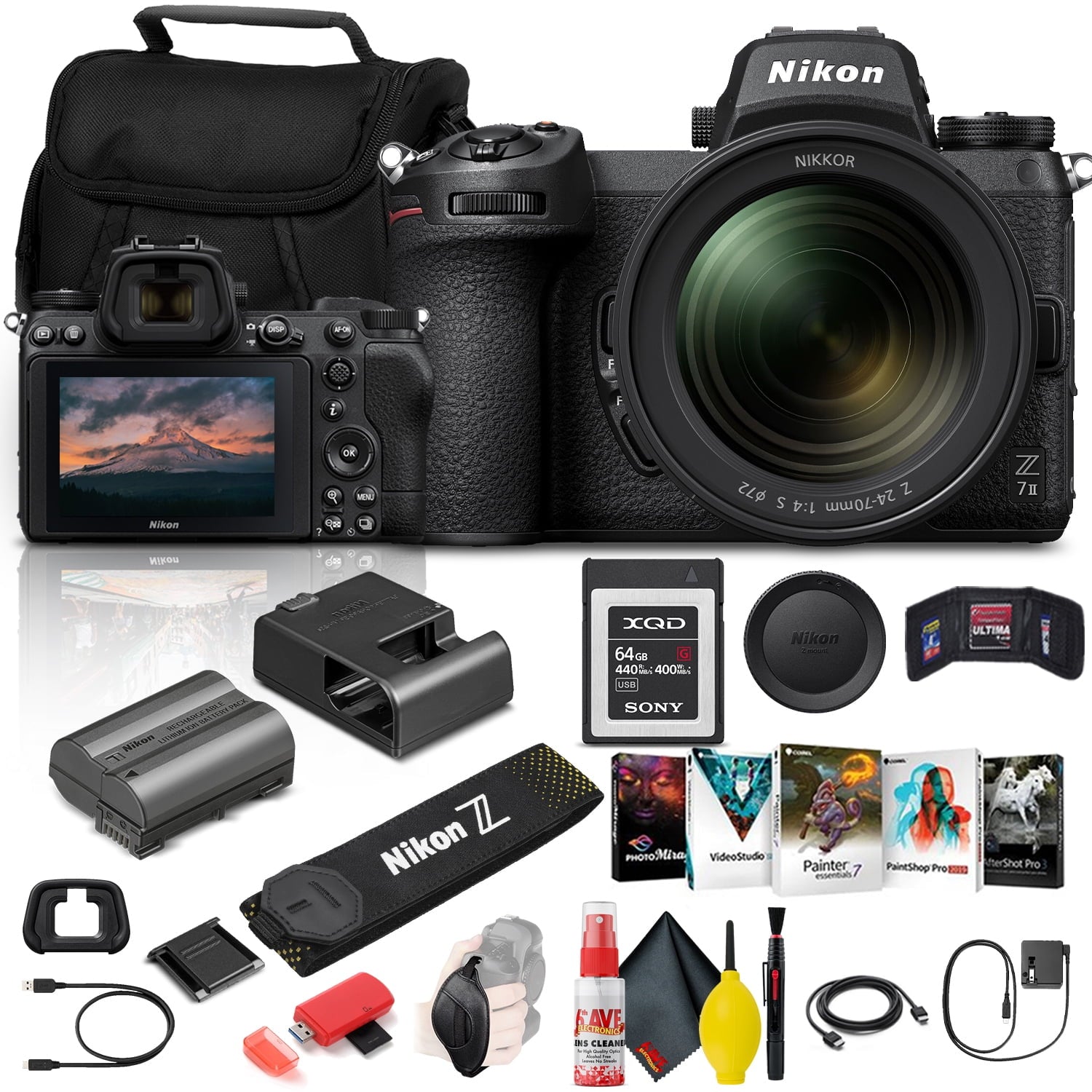 Nikon Z 7II Mirrorless Digital Camera 45.7MP with 24-70mm f/4 Lens 1656 + 64GB XQD Card + Corel Photo Software + Case + HDMI Cable + Card Reader + Cleaning Set - International Model Bundle Nikon