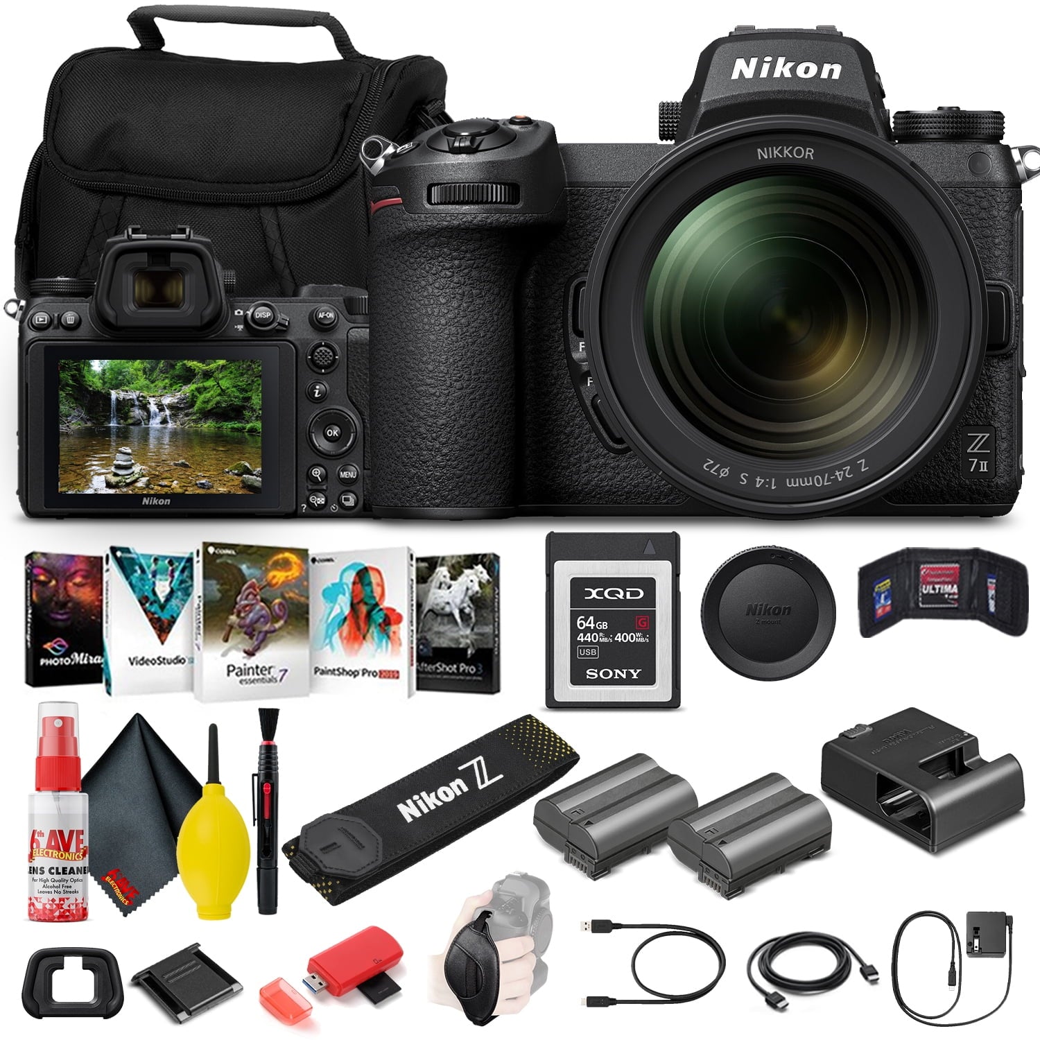 Nikon Z 7II Mirrorless Digital Camera 45.7MP with 24-70mm f/4 Lens (1656) + 64GB XQD Card + EN-EL15c Battery + Corel Photo Software + Case + HDMI Cable + Card Reader - International Model Bundle