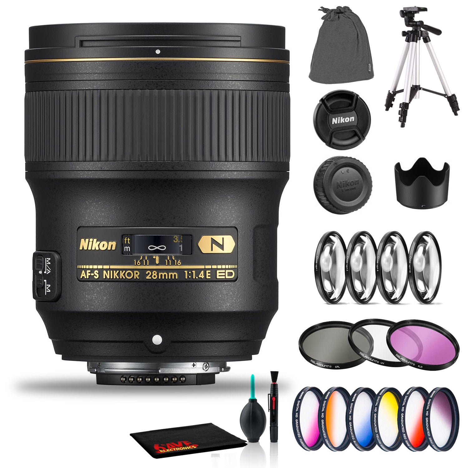 Nikon AF-S NIKKOR 28mm f/1.4E ED Lens Includes Filter Kits and Tripod Intl Model Bundle