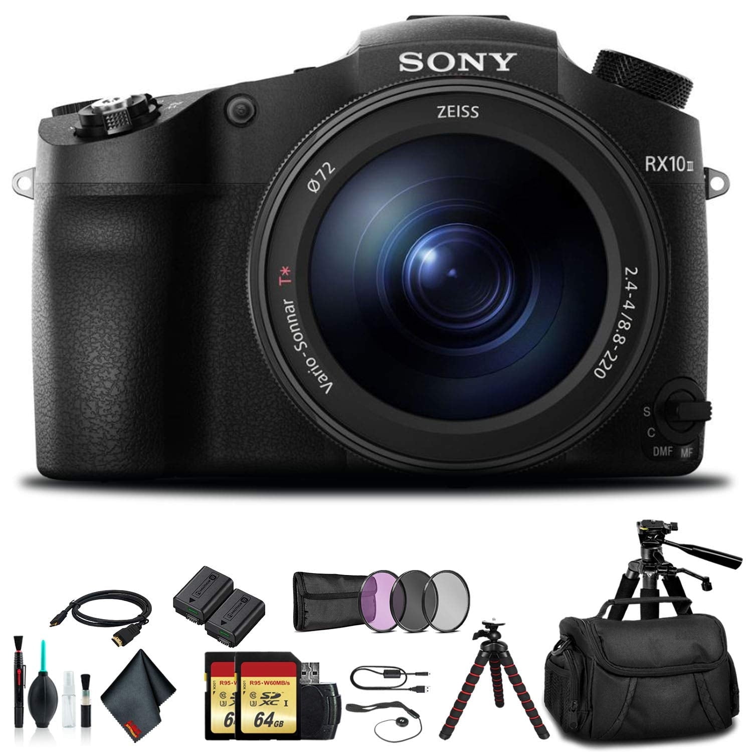 Sony Cyber-shot DSC-RX10 IV Camera DSCRX10M4/B With Soft Bag, Tripod, 2x Extra Batteries, LED Light, 2x 64GB Memory Card, Card Reader , Plus Essential Accessories